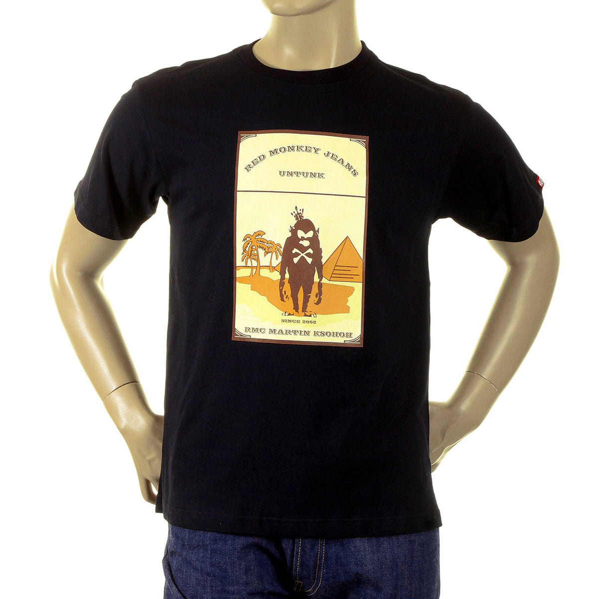 RMC JEANS SHORT SLEEVE REGULAR FIT CREWNECK CAMEL CIGARETTE PACKET PRINTED T-SHIRT IN BLACK REDM1163