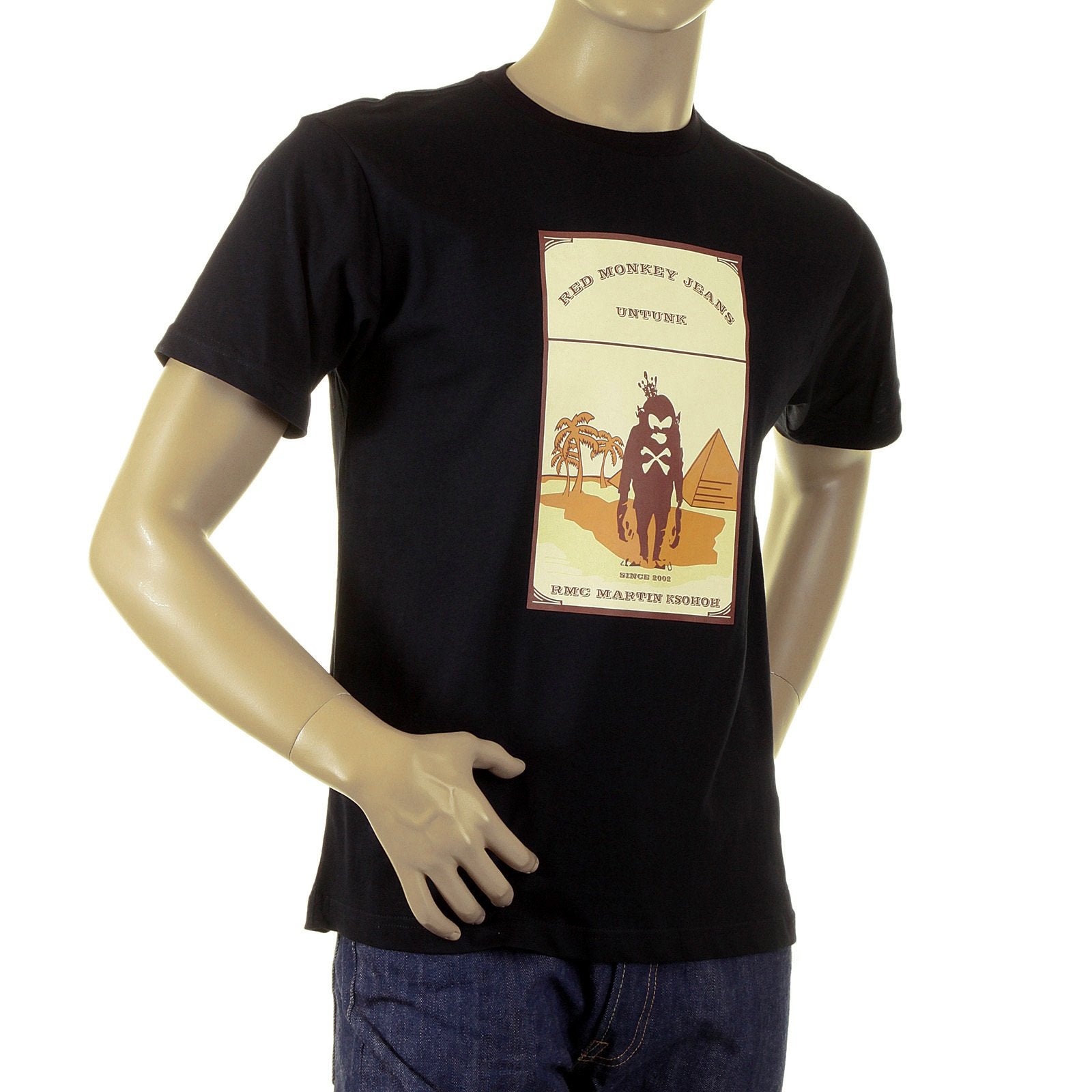 RMC JEANS SHORT SLEEVE REGULAR FIT CREWNECK CAMEL CIGARETTE PACKET PRINTED T-SHIRT IN BLACK REDM1163
