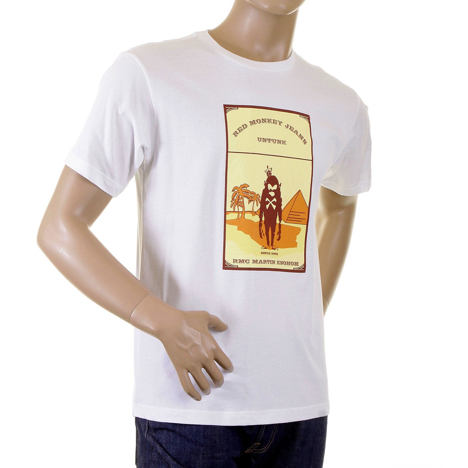 cigarette pack in t shirt sleeve RMC JEANS REGULAR FIT SHORT SLEEVED WHITE CREWNECK T-SHIRT WITH CAMEL  CIGARETTE PACKET PRINT REDM1164