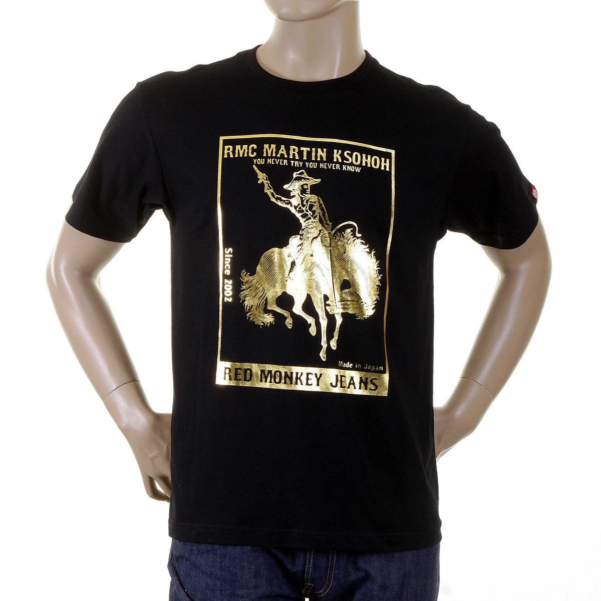 RMC JEANS BLACK REGULAR FIT SHORT SLEEVED CREWNECK T-SHIRT WITH GOLD FOIL COWBOY RODEO PRINT REDM2089