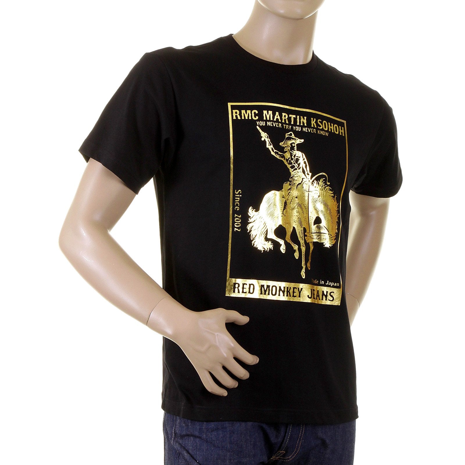 RMC JEANS BLACK REGULAR FIT SHORT SLEEVED CREWNECK T-SHIRT WITH GOLD FOIL COWBOY RODEO PRINT REDM2089