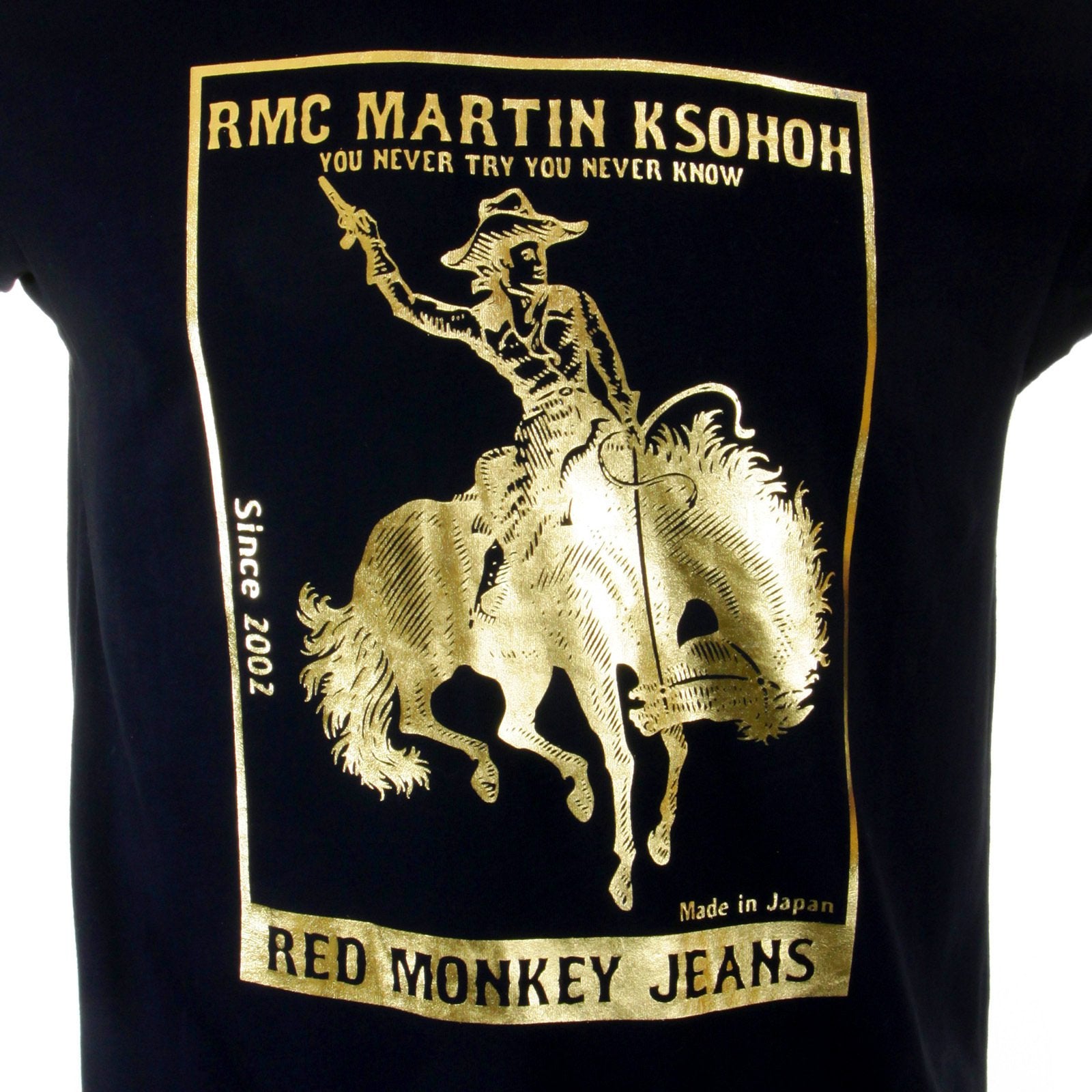RMC JEANS BLACK REGULAR FIT SHORT SLEEVED CREWNECK T-SHIRT WITH GOLD FOIL COWBOY RODEO PRINT REDM2089