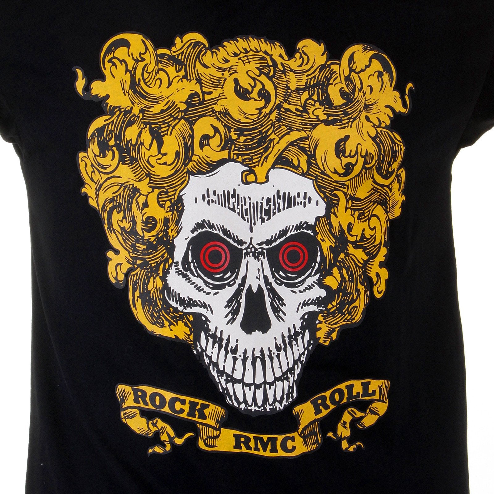 RMC JEANS CREW NECK REGULAR FIT ROCK AND ROLL SKULL PRINTED SHORT SLEEVE T-SHIRT IN BLACK REDM2094