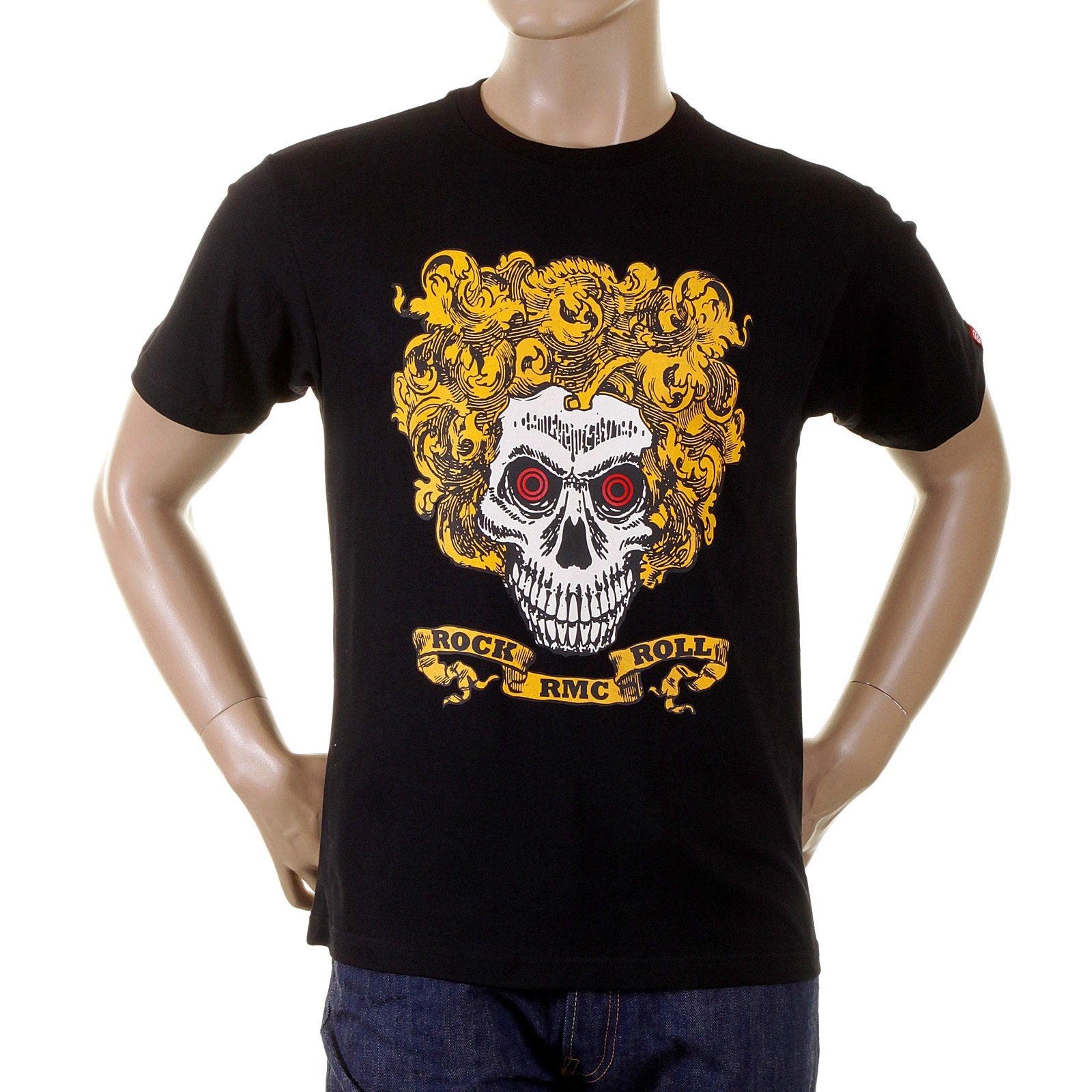 RMC JEANS CREW NECK REGULAR FIT ROCK AND ROLL SKULL PRINTED SHORT SLEEVE T-SHIRT IN BLACK REDM2094
