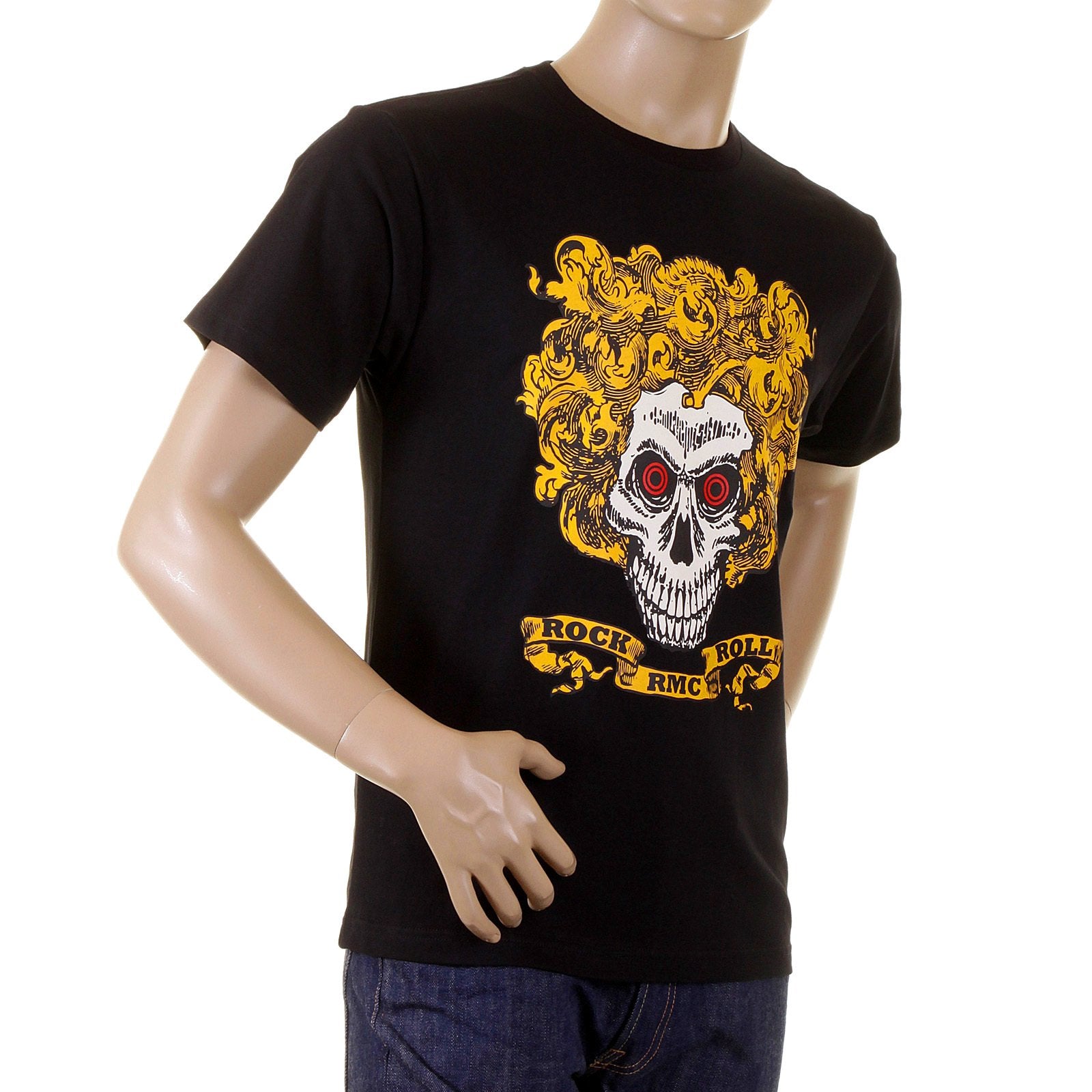 RMC JEANS CREW NECK REGULAR FIT ROCK AND ROLL SKULL PRINTED SHORT SLEEVE T-SHIRT IN BLACK REDM2094