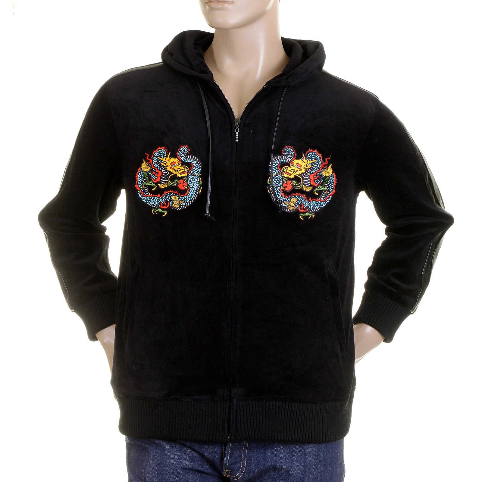 RMC JEANS REGULAR FIT HOODED EMPIRE DRAGON EMBROIDERED BLACK VELVET JACKET FOR MEN WITH ZIP CLOSURE REDM2355