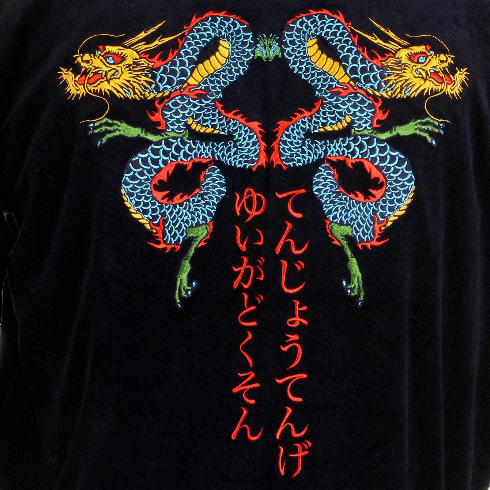 RMC JEANS REGULAR FIT HOODED EMPIRE DRAGON EMBROIDERED BLACK VELVET JACKET FOR MEN WITH ZIP CLOSURE REDM2355