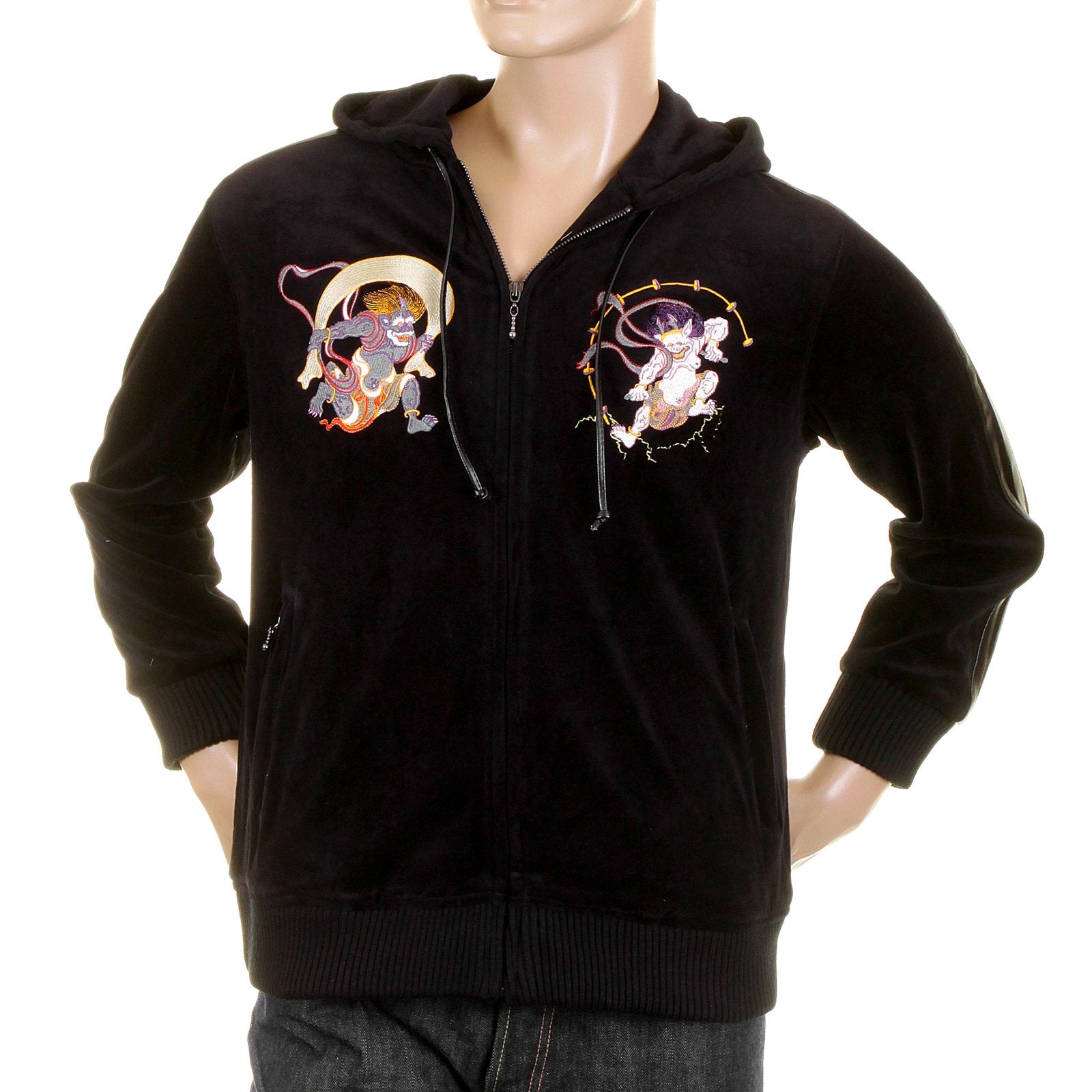 RMC JEANS REGULAR FIT HOODED FUJIN AND RAIJIN EMBROIDERED BLACK VELVET JACKET FOR MEN WITH ZIP CLOSURE REDM2356