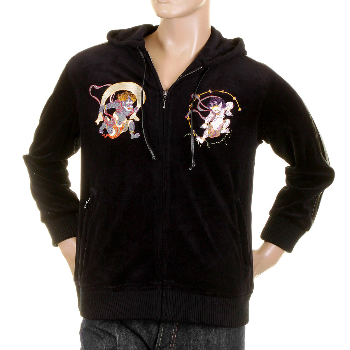 RMC JEANS REGULAR FIT HOODED FUJIN AND RAIJIN EMBROIDERED BLACK VELVET JACKET FOR MEN WITH ZIP CLOSURE REDM2356