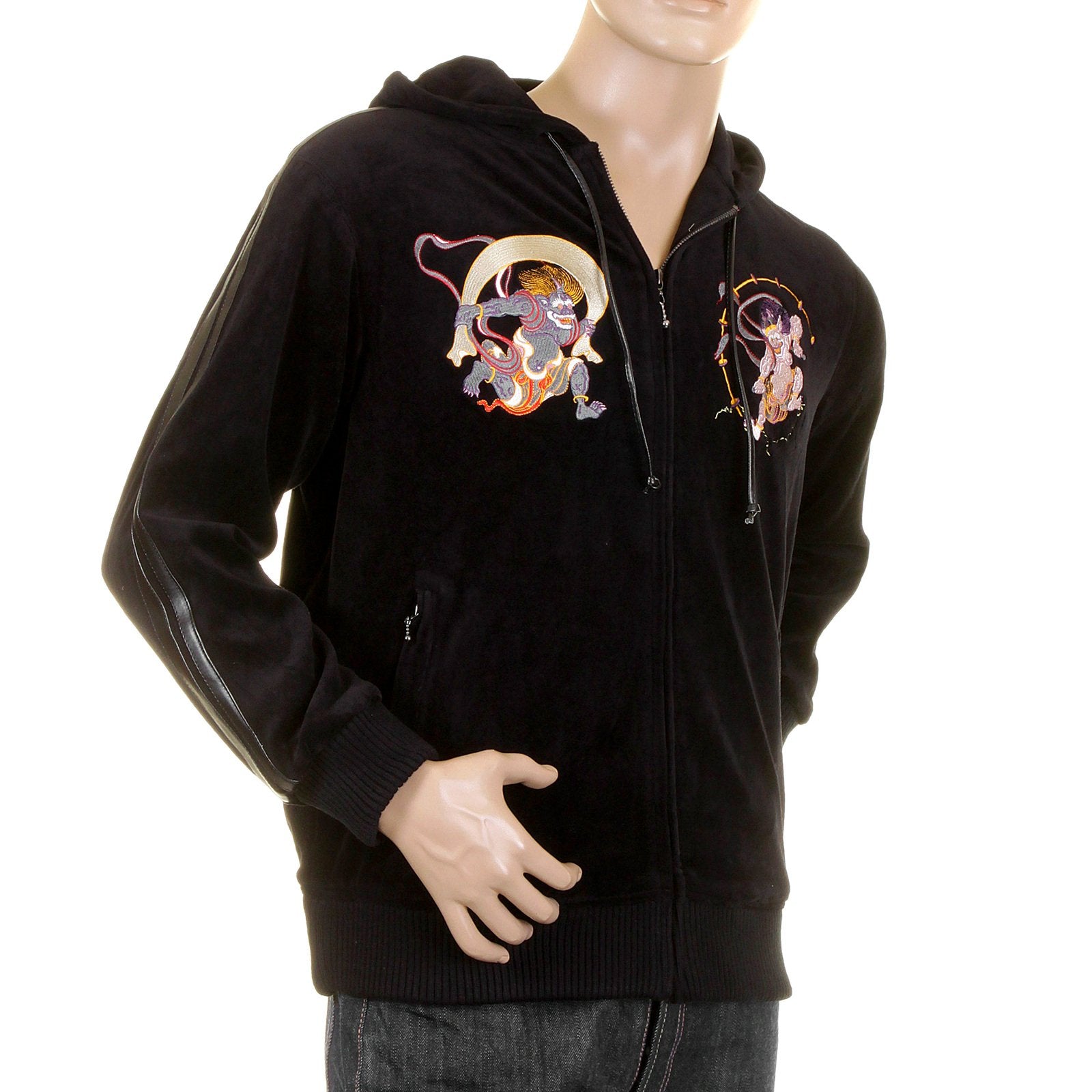 RMC JEANS REGULAR FIT HOODED FUJIN AND RAIJIN EMBROIDERED BLACK VELVET JACKET FOR MEN WITH ZIP CLOSURE REDM2356