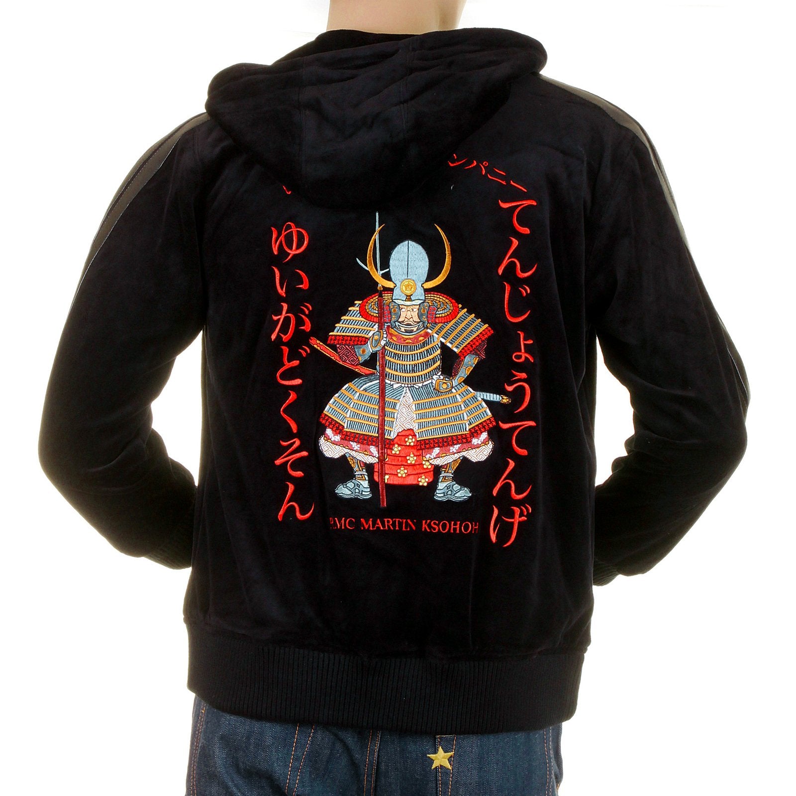 RMC JEANS REGULAR FIT HOODED FUJIN AND RAIJIN EMBROIDERED BLACK VELVET JACKET FOR MEN WITH ZIP CLOSURE REDM2356