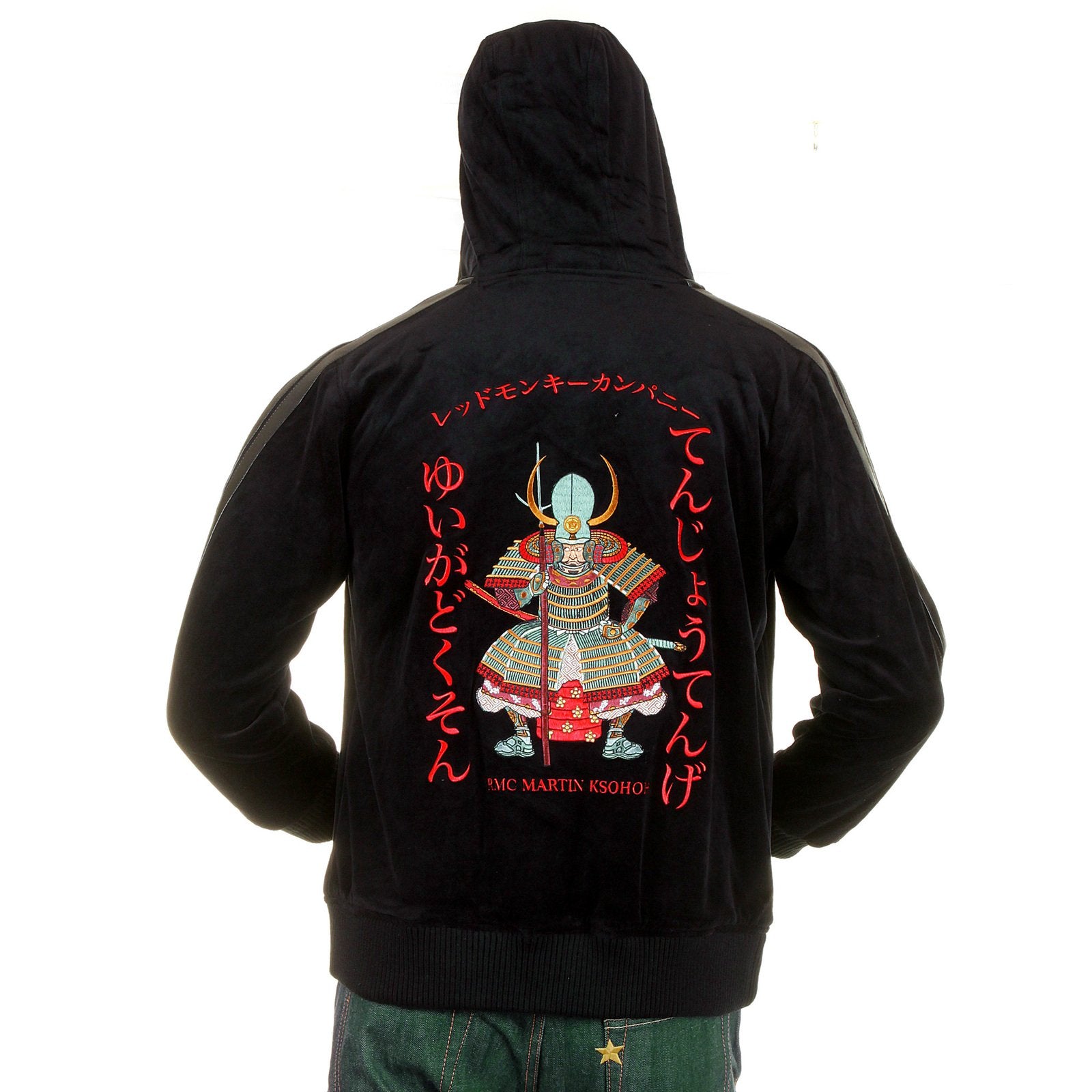 RMC JEANS REGULAR FIT HOODED FUJIN AND RAIJIN EMBROIDERED BLACK VELVET JACKET FOR MEN WITH ZIP CLOSURE REDM2356