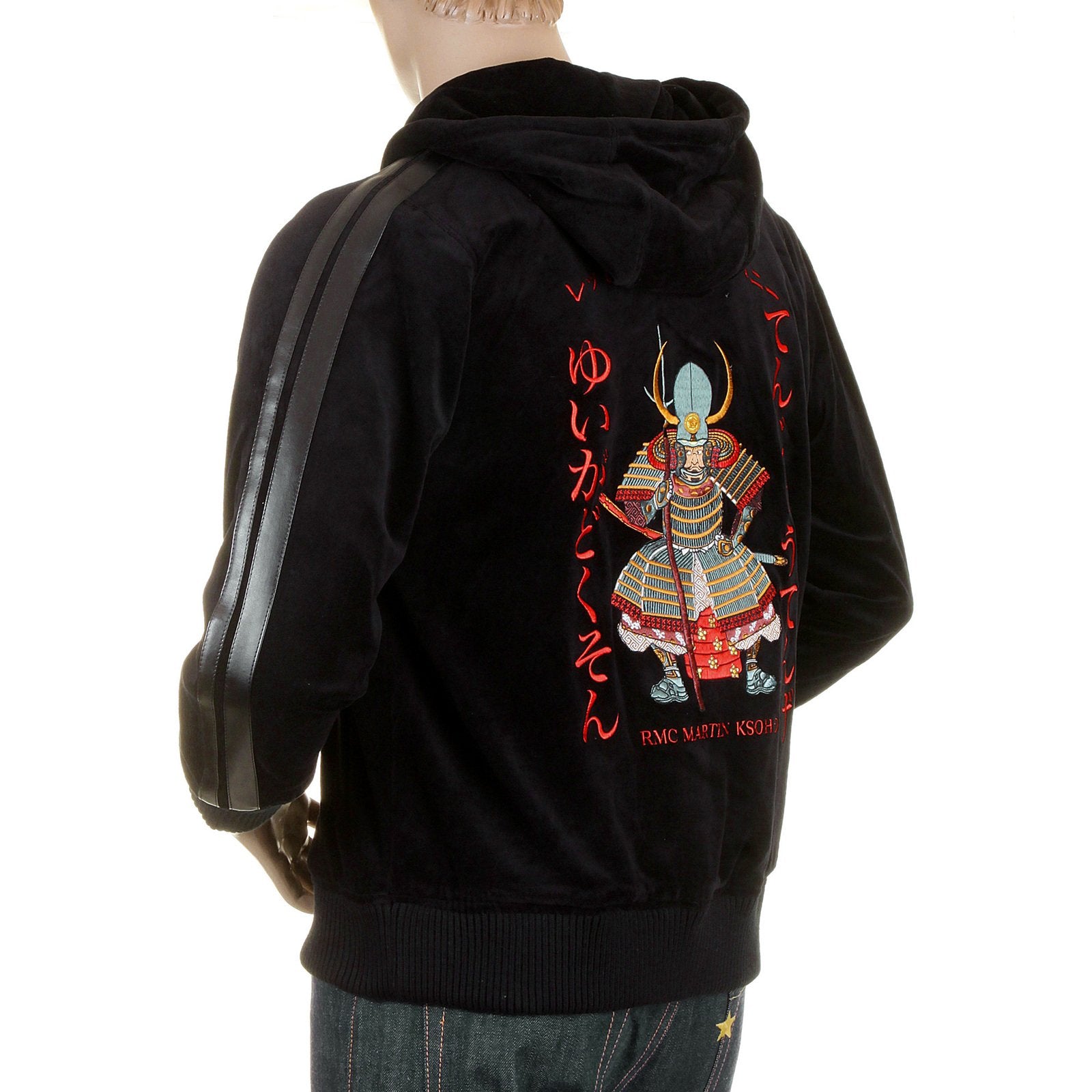 RMC JEANS REGULAR FIT HOODED FUJIN AND RAIJIN EMBROIDERED BLACK VELVET JACKET FOR MEN WITH ZIP CLOSURE REDM2356