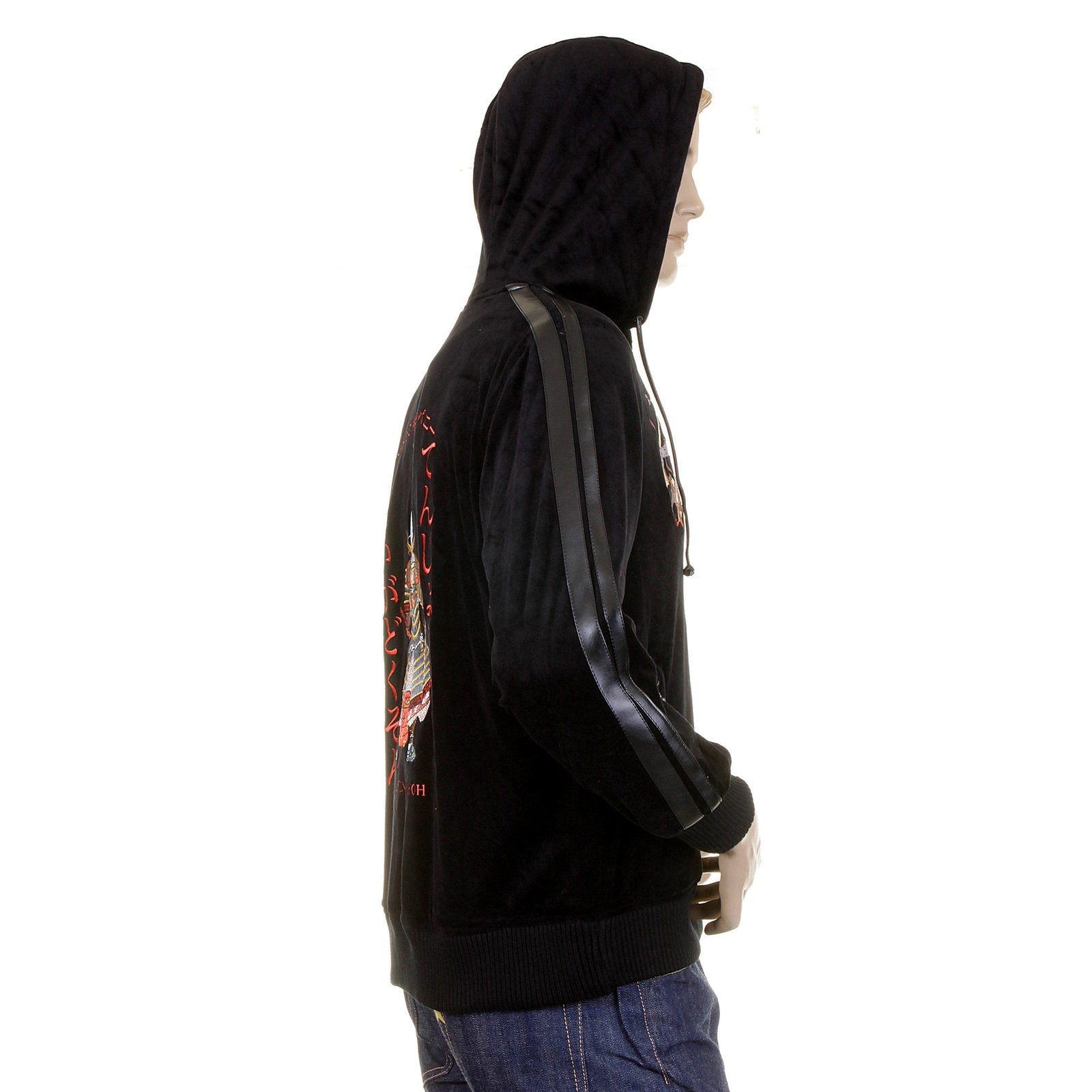 RMC JEANS REGULAR FIT HOODED FUJIN AND RAIJIN EMBROIDERED BLACK VELVET JACKET FOR MEN WITH ZIP CLOSURE REDM2356