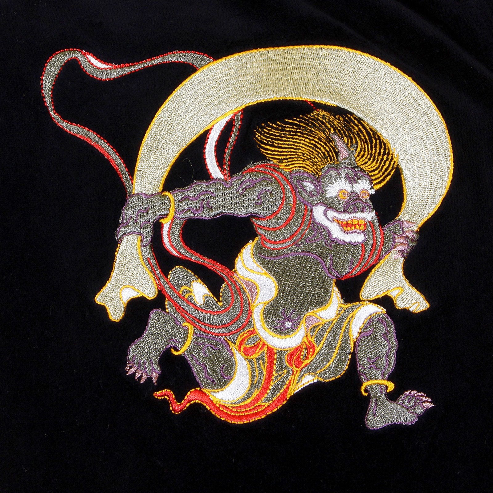 RMC JEANS REGULAR FIT HOODED FUJIN AND RAIJIN EMBROIDERED BLACK VELVET JACKET FOR MEN WITH ZIP CLOSURE REDM2356