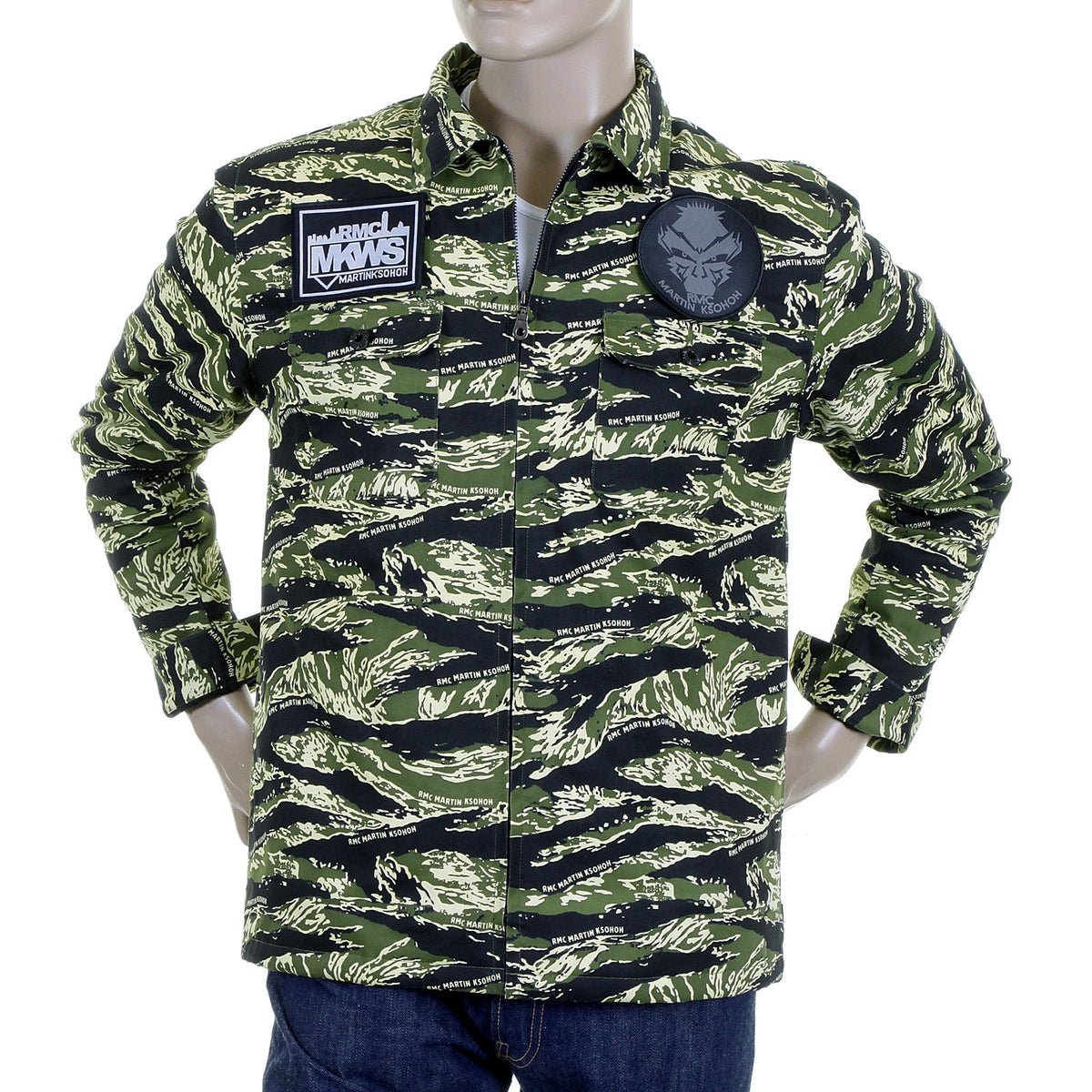 RMC JEANS REGULAR FIT GREEN TIGER CAMO RQZ1085 FIELD JACKET FOR MEN WITH ZIP FRONT CLOSURE REDM2358A