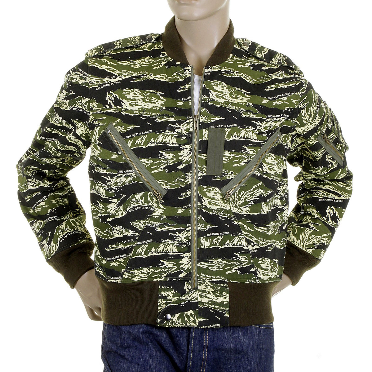 RMC JEANS REGULAR FIT GREEN CAMO RQZ1095 BOMBER JACKET FOR MEN WITH ZIP FRONT CLOSURE REDM2346A