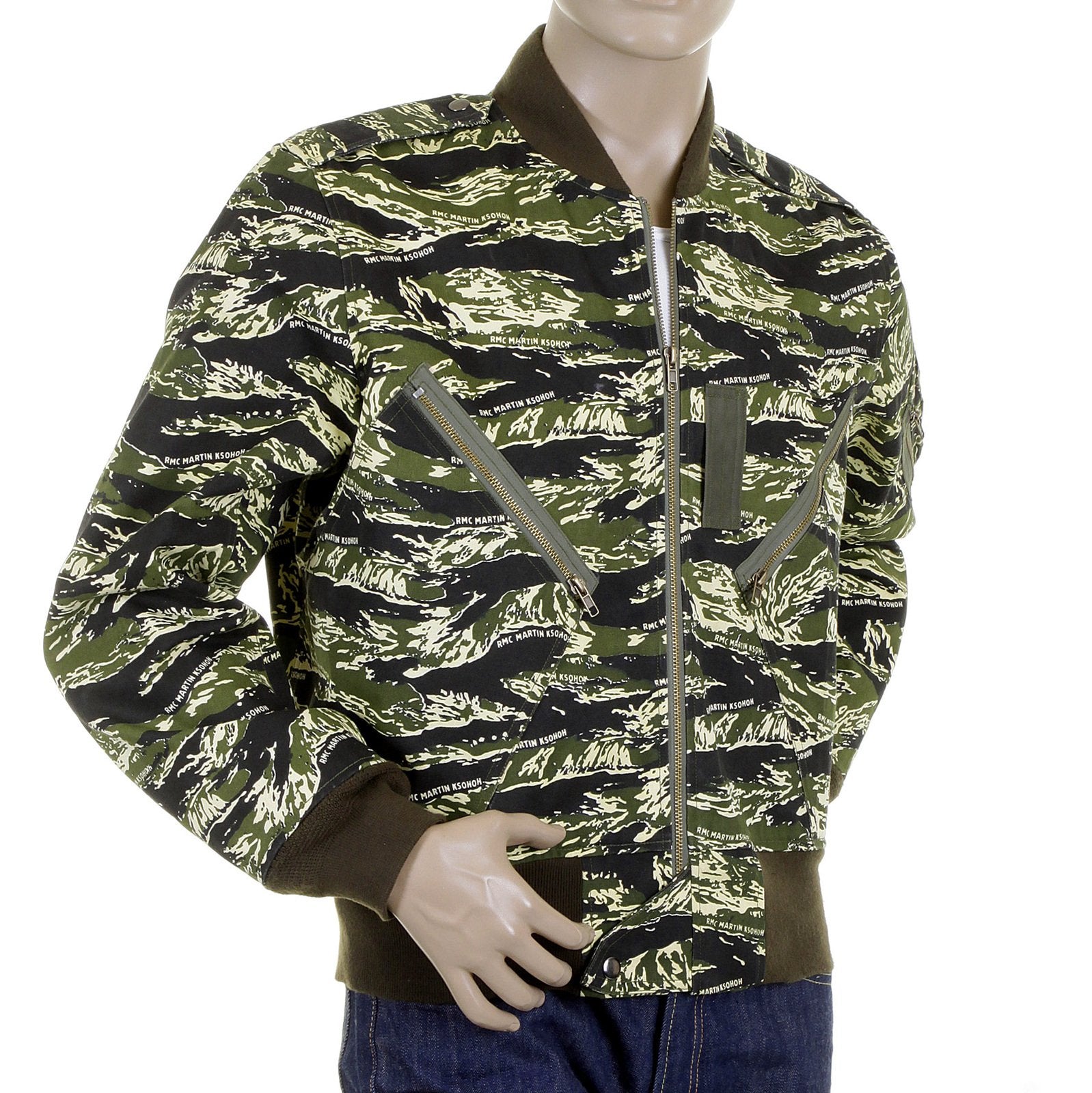 RMC JEANS REGULAR FIT GREEN CAMO RQZ1095 BOMBER JACKET FOR MEN WITH ZIP FRONT CLOSURE REDM2346A