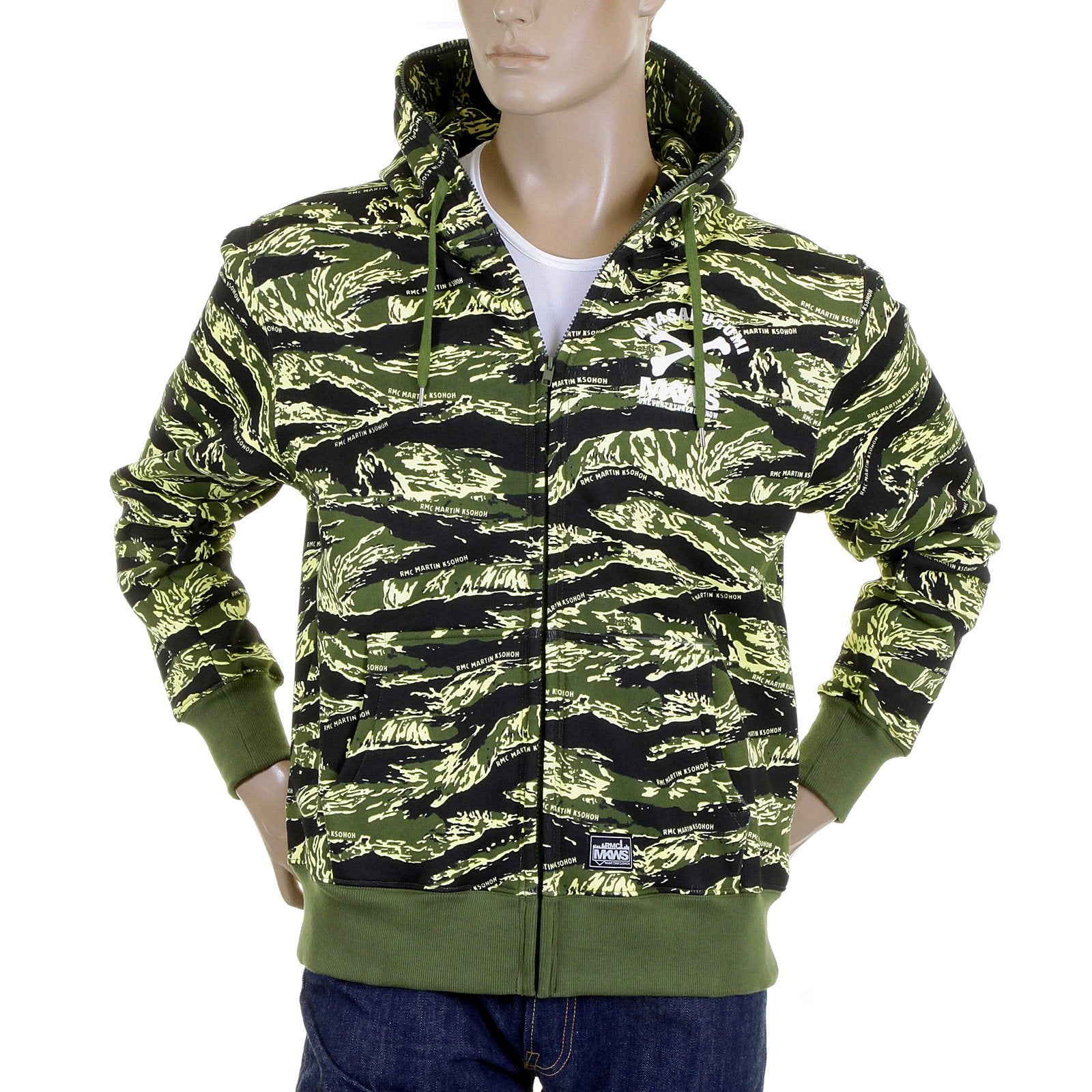 RMC JEANS REGULAR FIT GREEN TIGER CAMO RQZ1087 HOODED JACKET FOR MEN WITH FULL ZIP FRONT CLOSURE REDM2305