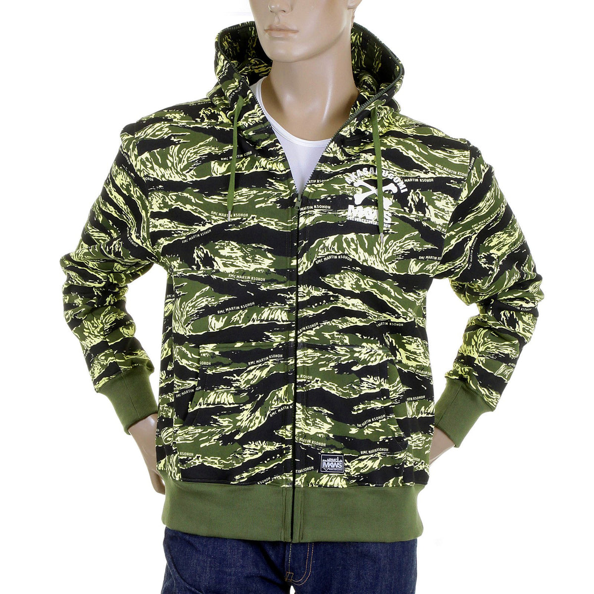 RMC JEANS REGULAR FIT GREEN TIGER CAMO RQZ1087 HOODED JACKET FOR MEN WITH FULL ZIP FRONT CLOSURE REDM2305