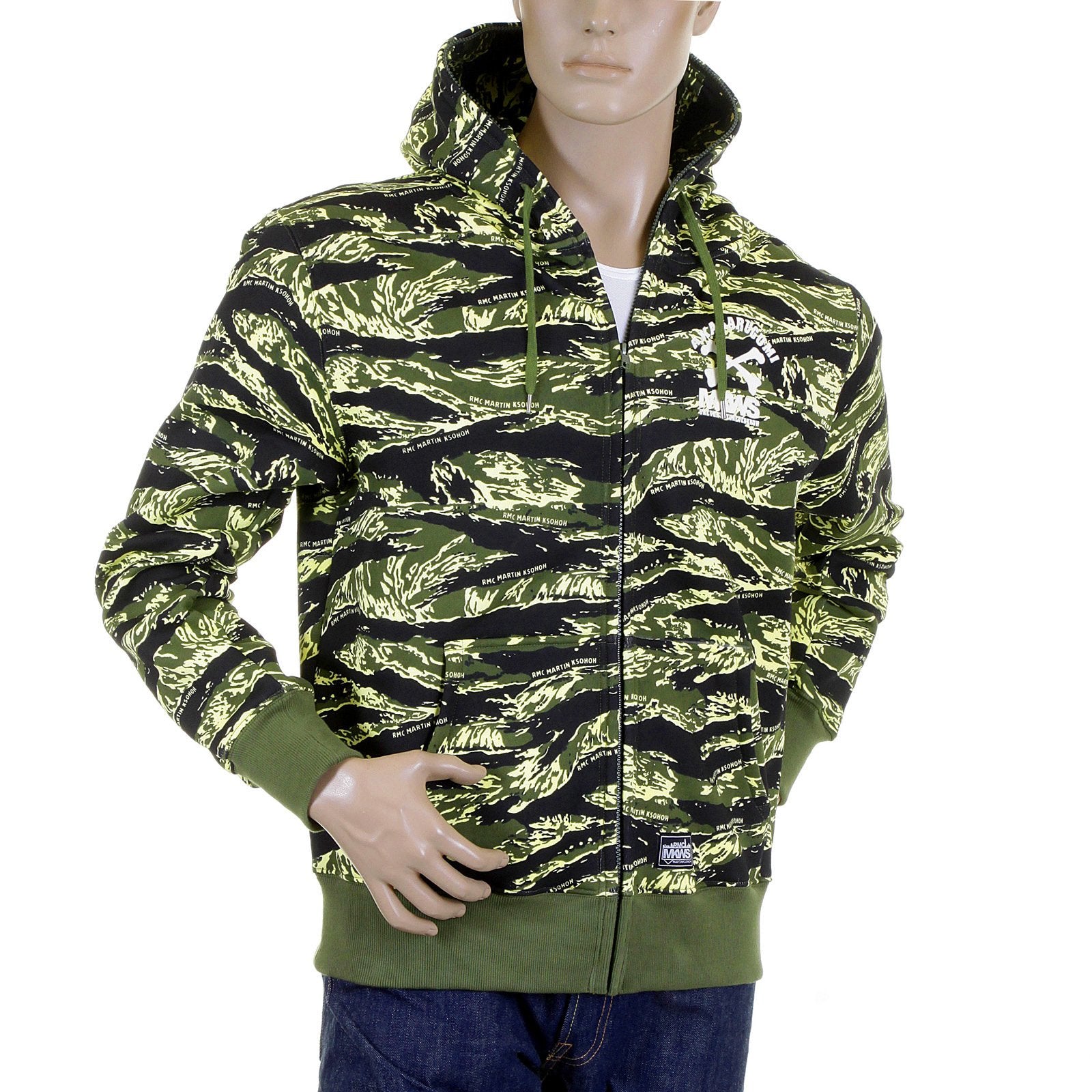 RMC JEANS REGULAR FIT GREEN TIGER CAMO RQZ1087 HOODED JACKET FOR MEN WITH FULL ZIP FRONT CLOSURE REDM2305