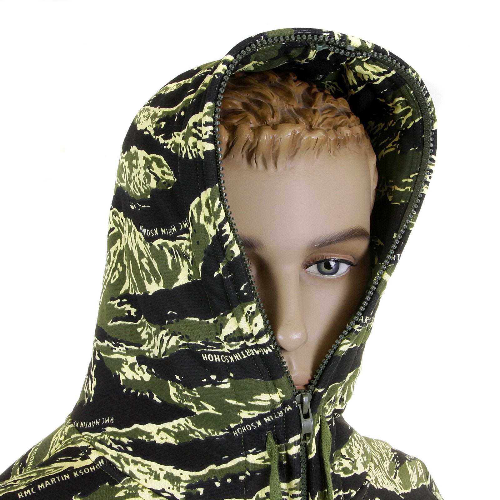 RMC JEANS REGULAR FIT GREEN TIGER CAMO RQZ1087 HOODED JACKET FOR MEN WITH FULL ZIP FRONT CLOSURE REDM2305