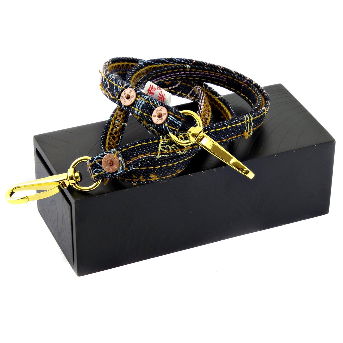 RMC JEANS TOYO LANYARD RQA11005 EMBROIDERED DENIM STRAP KEY CHAIN PRESENTED IN HAND CRAFTED WOODEN BOX REDM0484