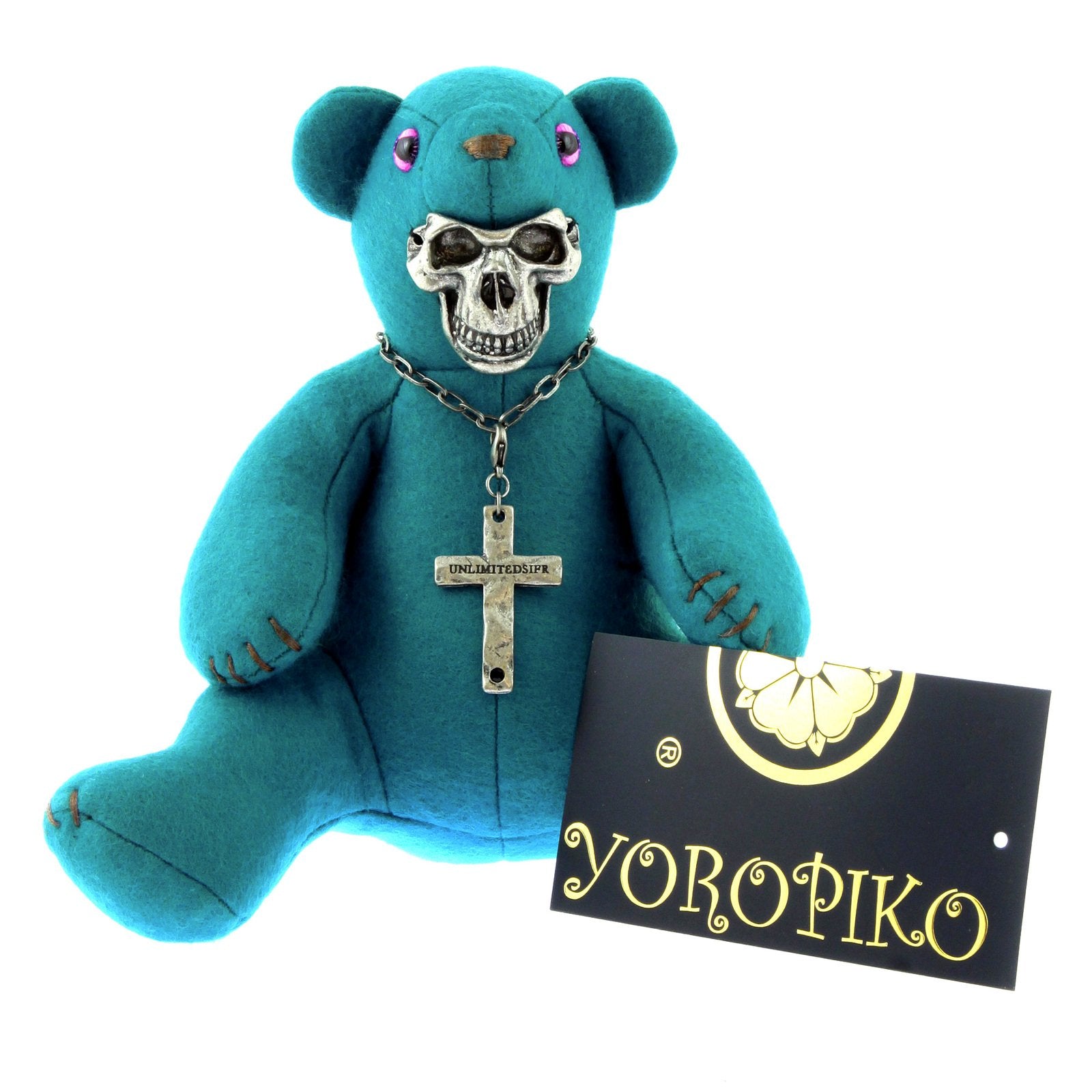 YOROPIKO X UNLIMITEDSIFR LIMITED EDITION TEAL BLUE TEDDY WITH METAL SKULL MASK FOR TOY COLLECTORS REDM0471