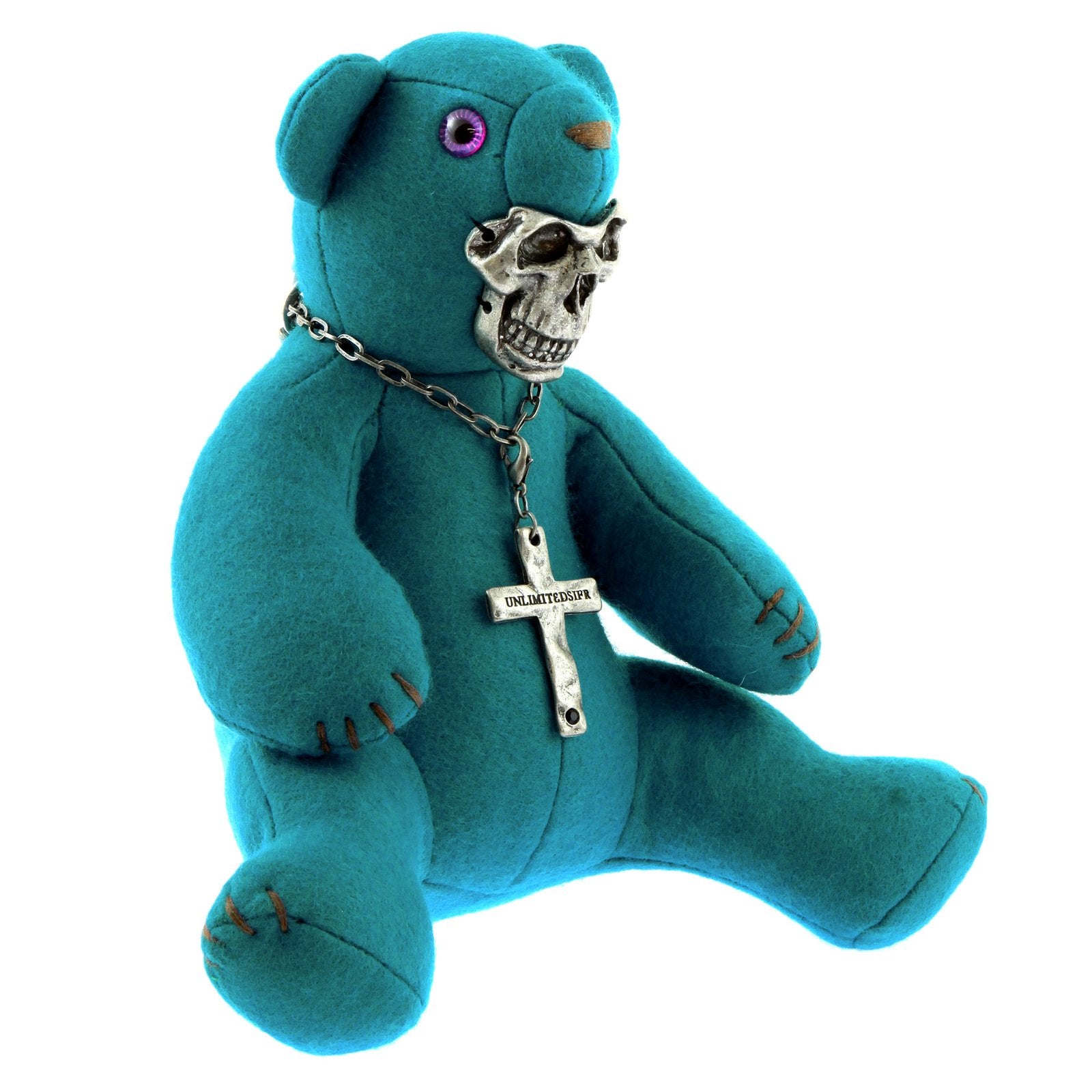 YOROPIKO X UNLIMITEDSIFR LIMITED EDITION TEAL BLUE TEDDY WITH METAL SKULL MASK FOR TOY COLLECTORS REDM0471
