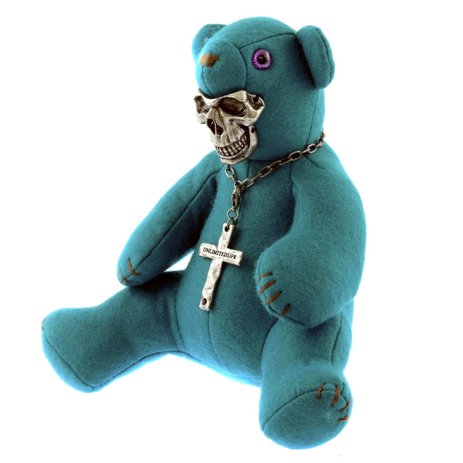 YOROPIKO X UNLIMITEDSIFR LIMITED EDITION TEAL BLUE TEDDY WITH METAL SKULL MASK FOR TOY COLLECTORS REDM0471
