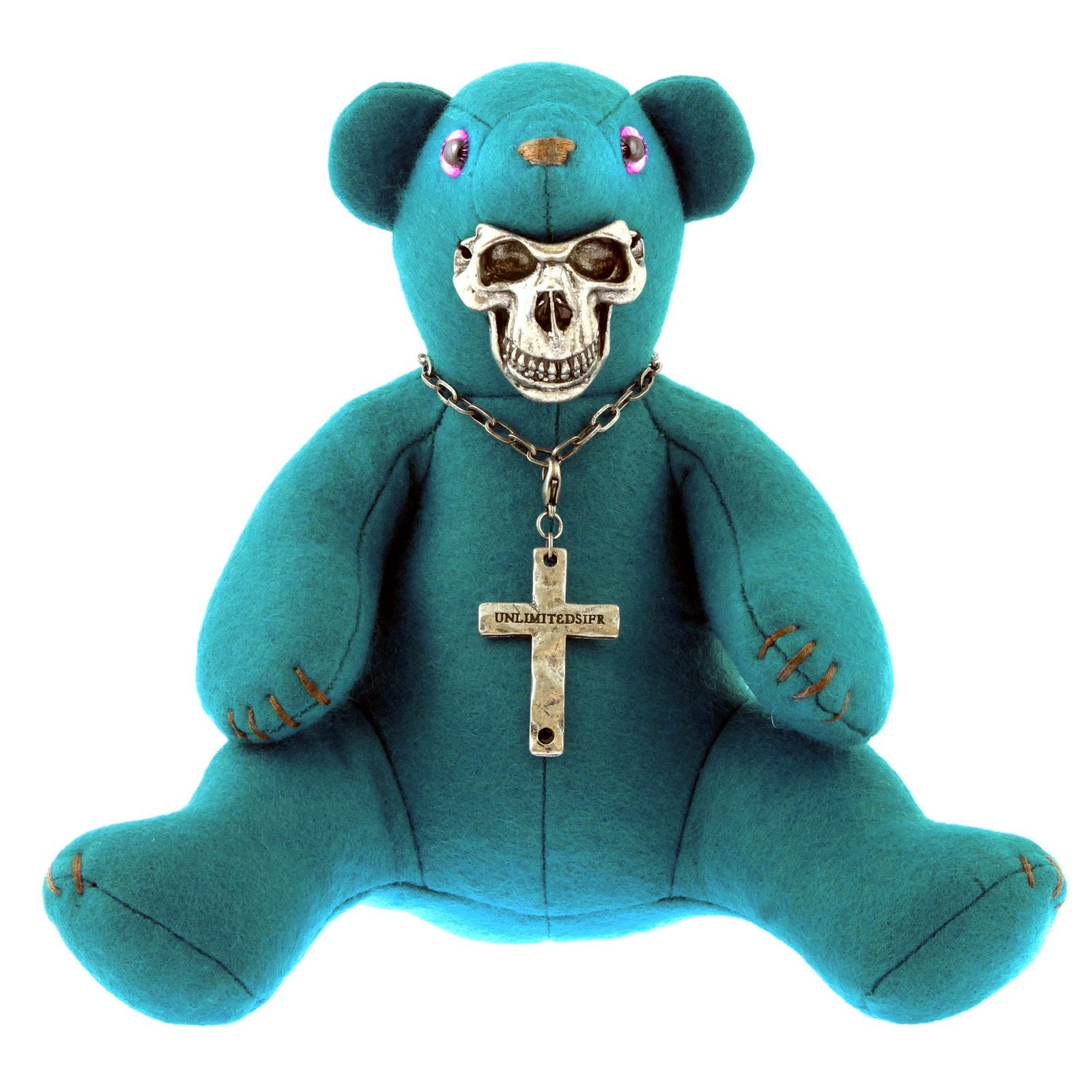 YOROPIKO X UNLIMITEDSIFR LIMITED EDITION TEAL BLUE TEDDY WITH METAL SKULL MASK FOR TOY COLLECTORS REDM0471