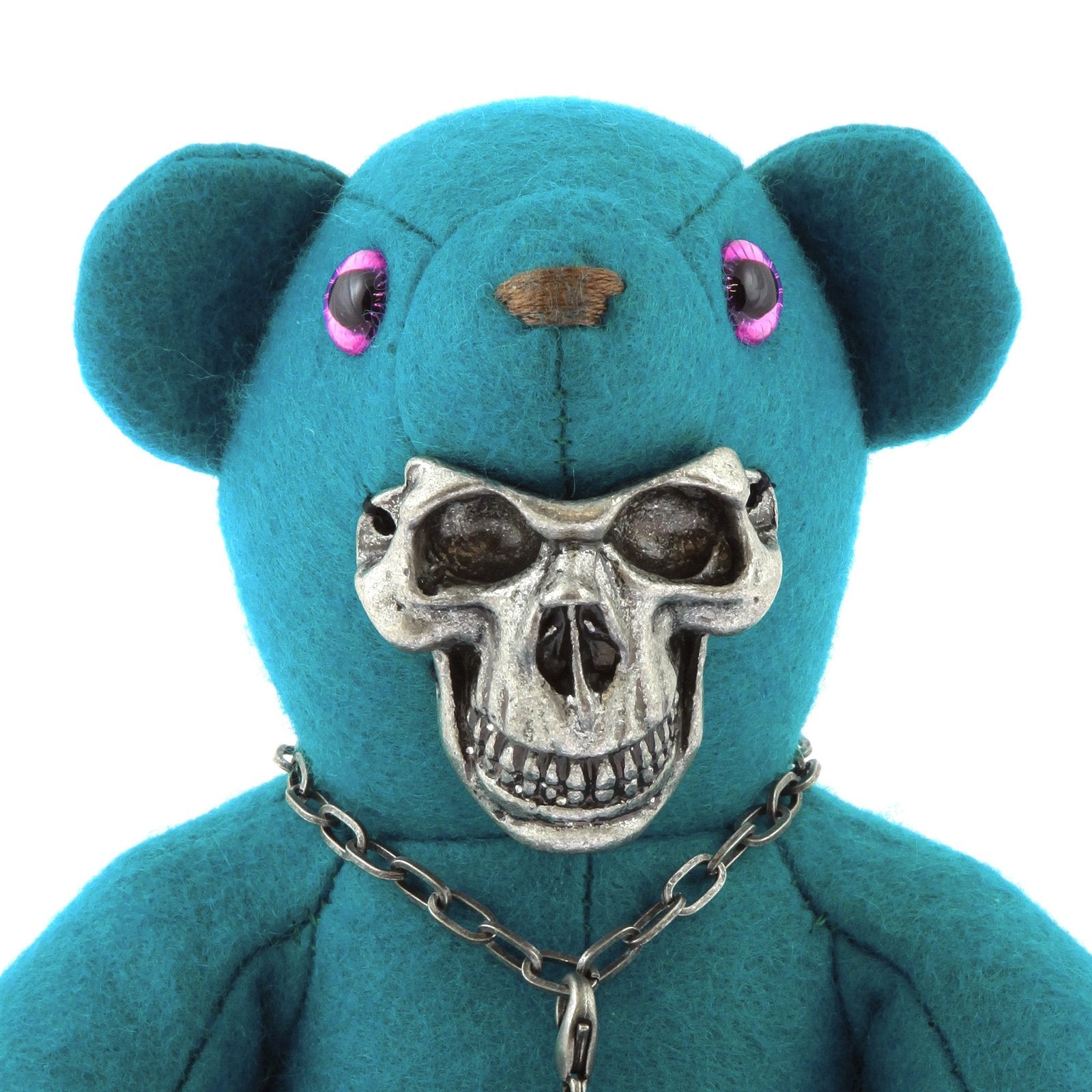 YOROPIKO X UNLIMITEDSIFR LIMITED EDITION TEAL BLUE TEDDY WITH METAL SKULL MASK FOR TOY COLLECTORS REDM0471