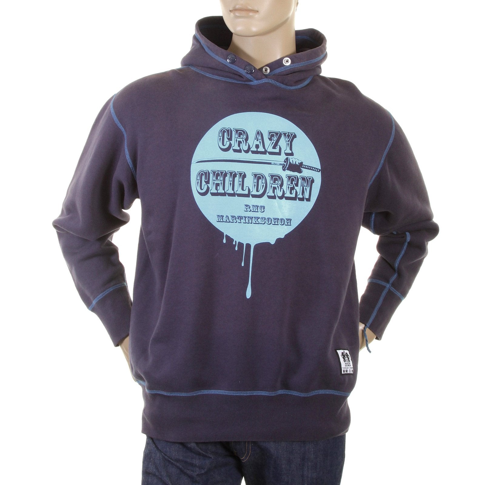 RMC NAVY BLUE HOODED LARGE RWC141264 FITTING PULLOVER SWEATSHIRT FOR MEN WITH CRAZY CHILDREN PRINT REDM0926