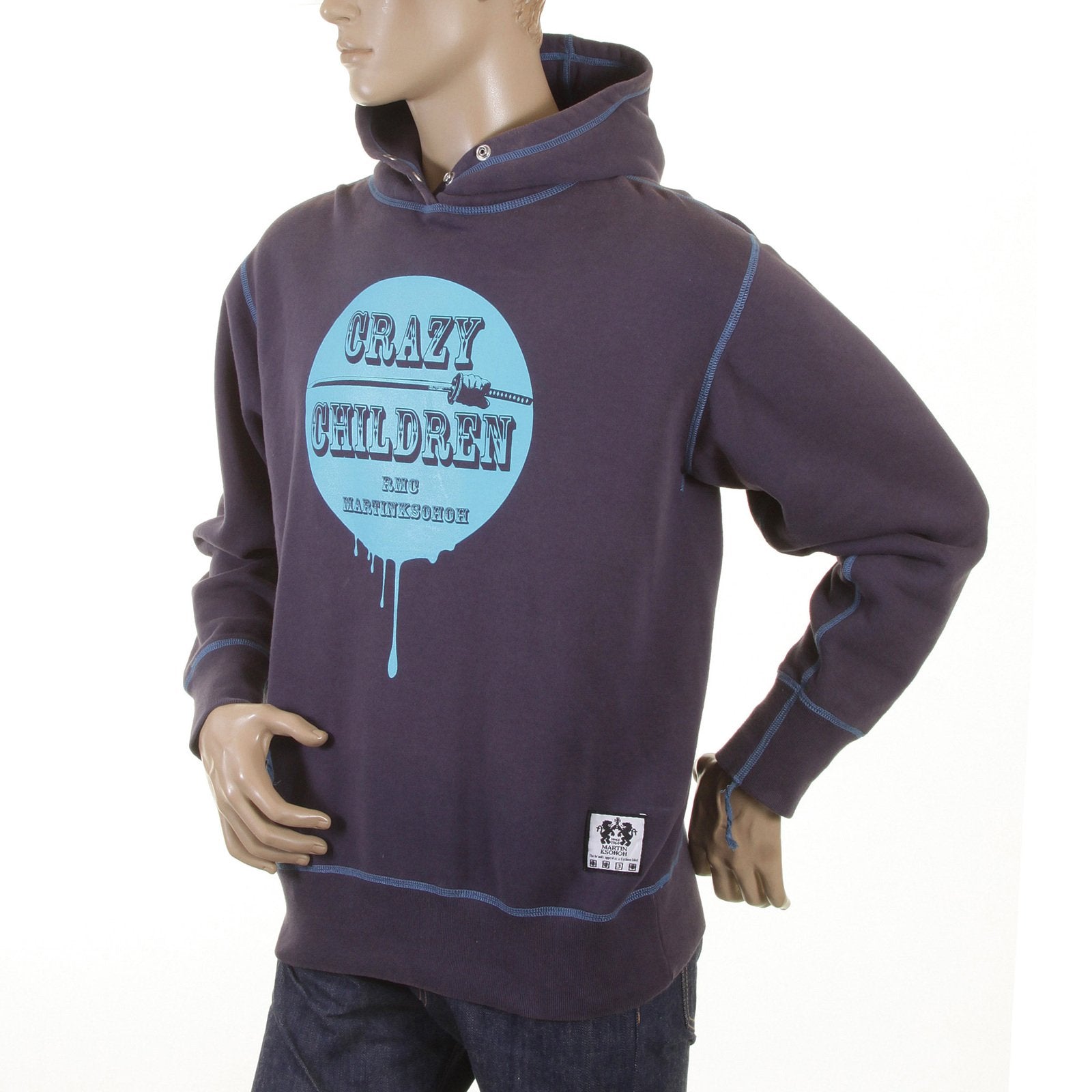 RMC NAVY BLUE HOODED LARGE RWC141264 FITTING PULLOVER SWEATSHIRT FOR MEN WITH CRAZY CHILDREN PRINT REDM0926