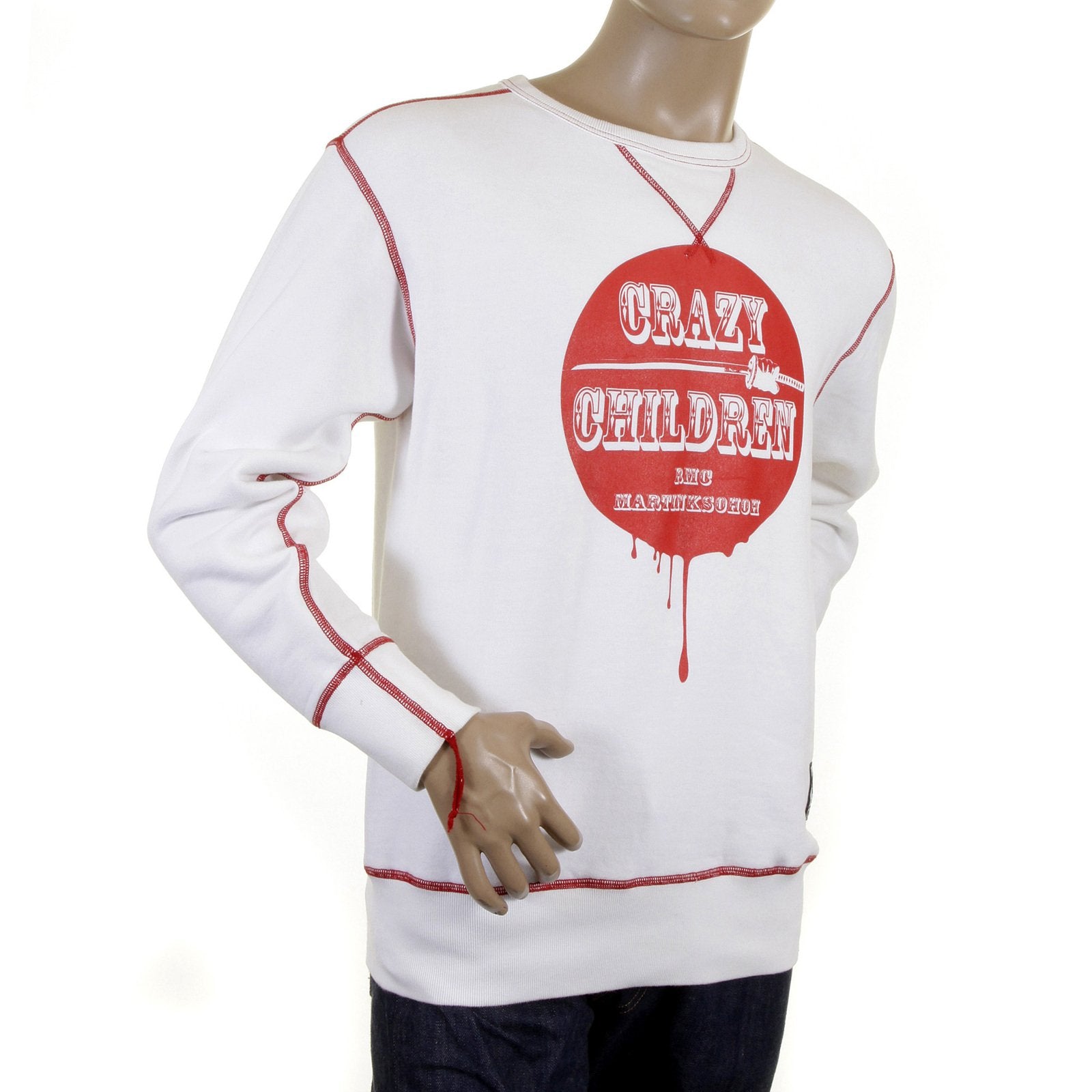 RMC MARTIN KSOHOH MENS LARGE FITTING WHITE RWH141264 CREW NECK RED CRAZY CHILDREN PRINTED SWEATSHIRT REDM0928