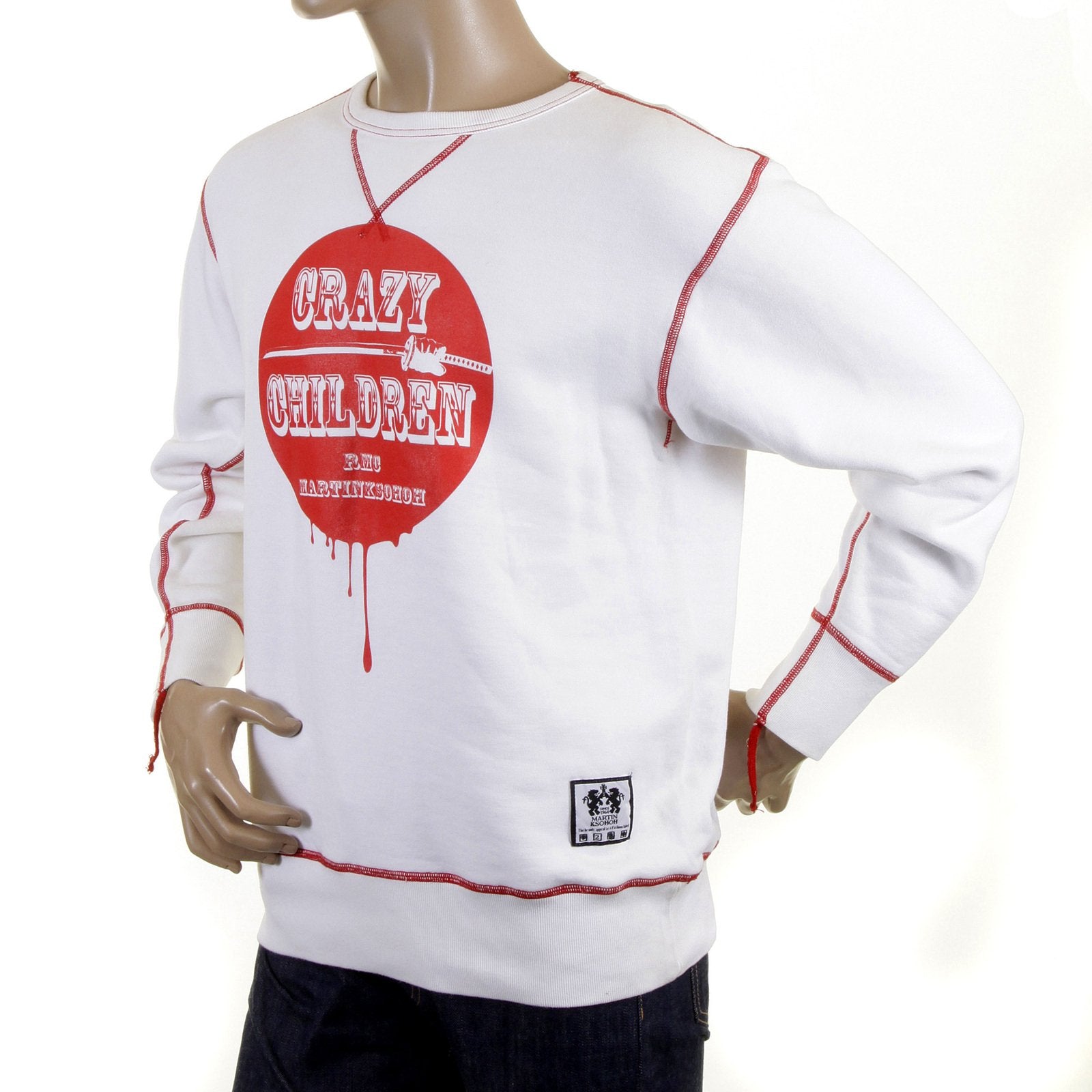 RMC MARTIN KSOHOH MENS LARGE FITTING WHITE RWH141264 CREW NECK RED CRAZY CHILDREN PRINTED SWEATSHIRT REDM0928