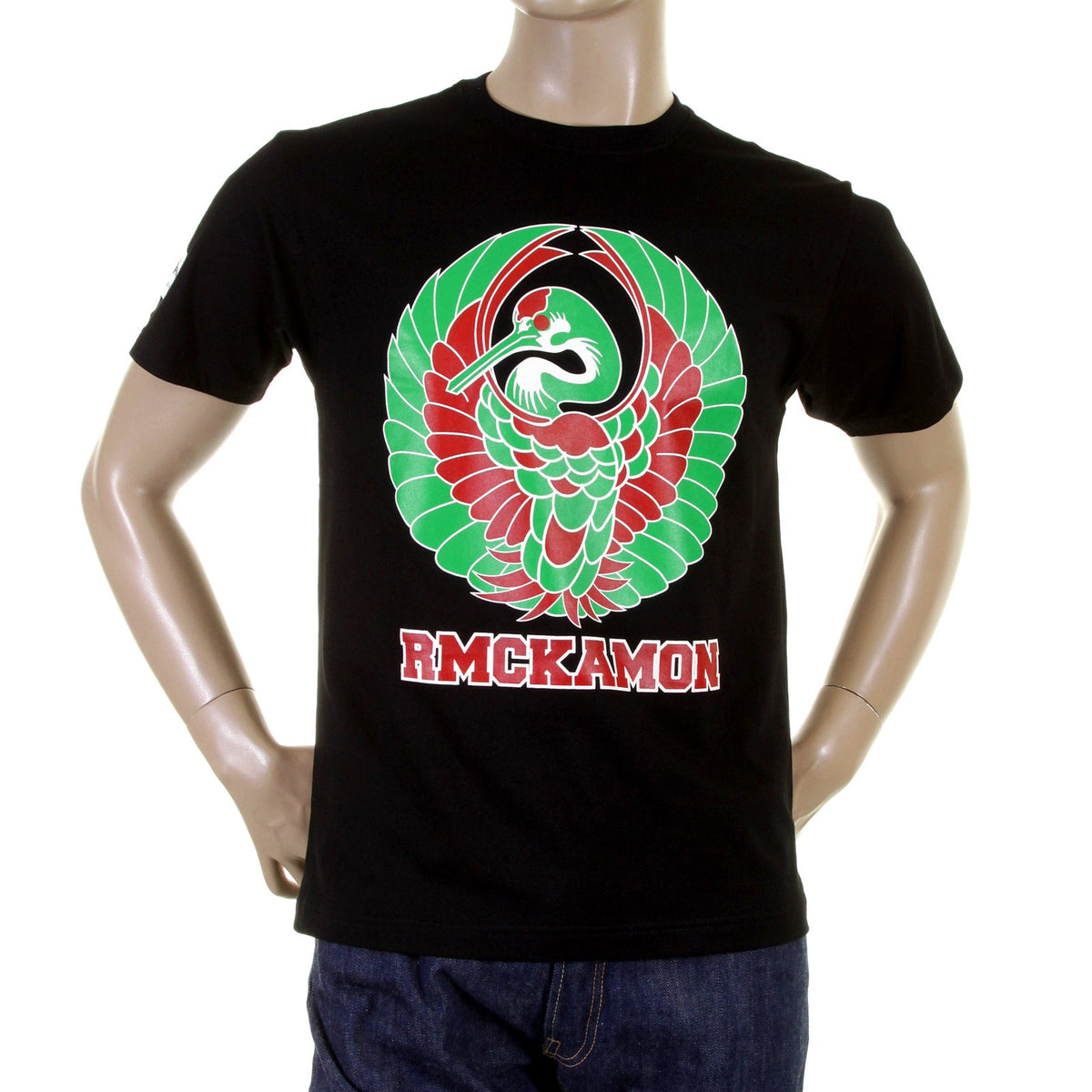 RMC JEANS REGULAR FIT RQT11072 MENS SHORT SLEEVE BLACK CREWNECK T-SHIRT WITH JAPANESE KAMON PRINT REDM0951