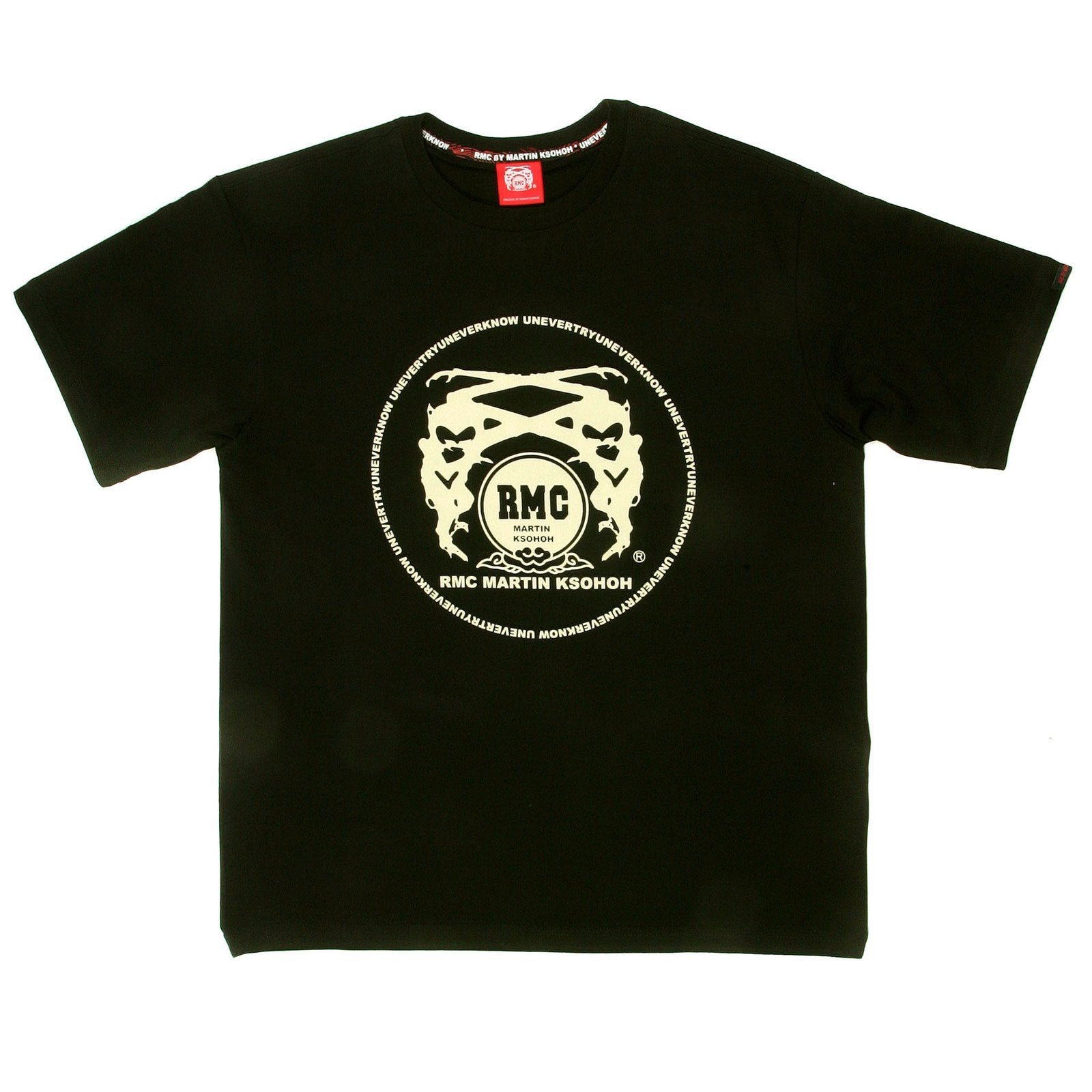 RMC MARTIN KSOHOH REGULAR FIT SHORT SLEEVE CREW NECK BLACK T SHIRT WITH OFF WHITE LOGO PRINT REDM0108