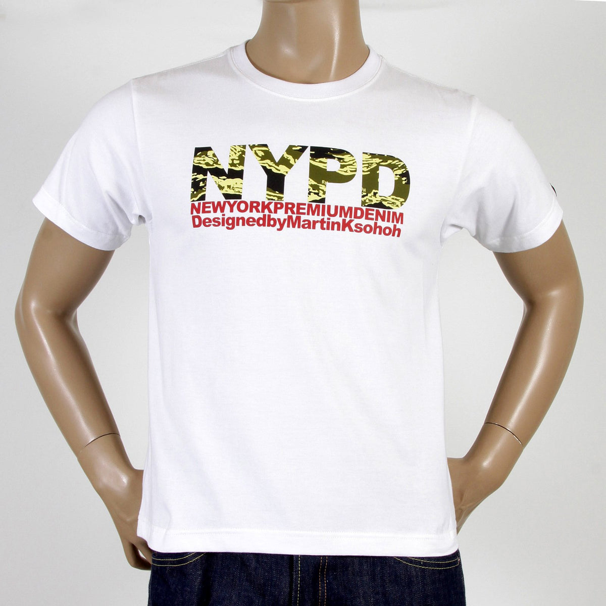 RMC MARTIN KSOHOH SHORT SLEEVE RQT11063 REGULAR FIT CREW NECK WHITE T SHIRT WITH NYPD CAMO PRINT REDM0992