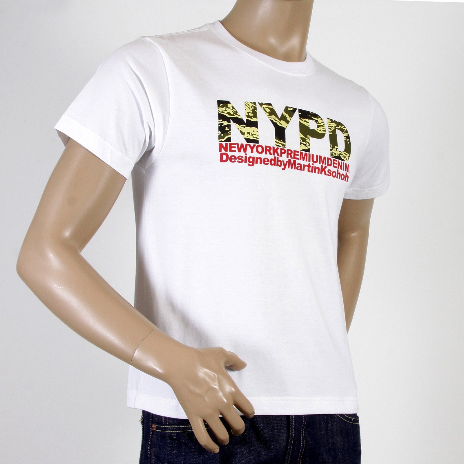 RMC MARTIN KSOHOH SHORT SLEEVE RQT11063 REGULAR FIT CREW NECK WHITE T SHIRT WITH NYPD CAMO PRINT REDM0992