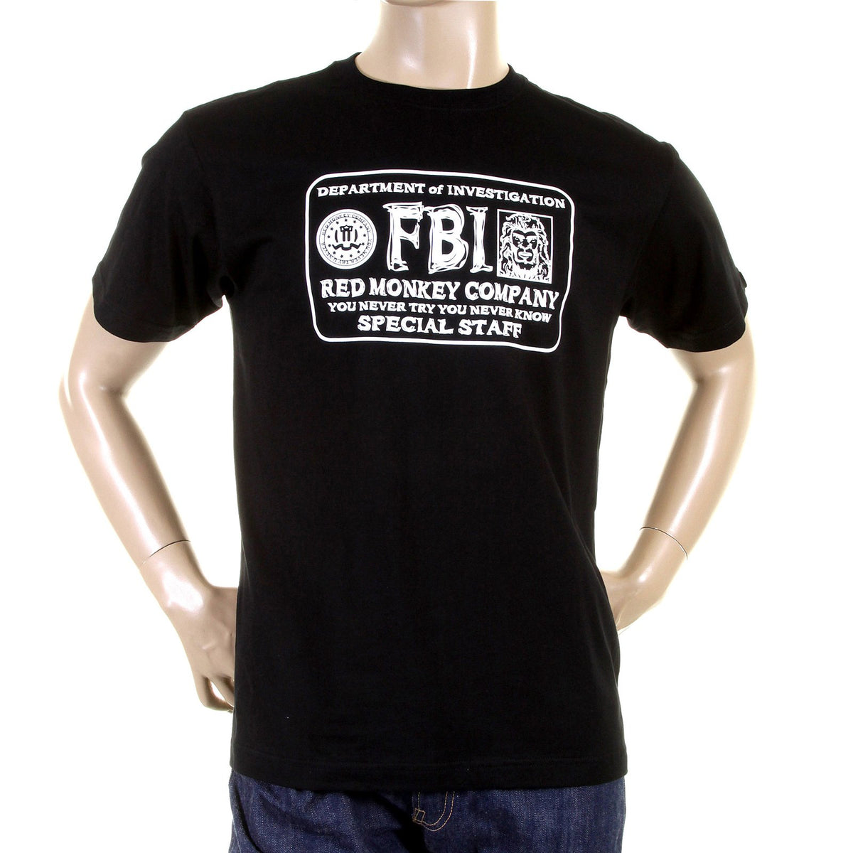RMC JEANS BLACK RIBBED CREWNECK REGULAR FIT RQT11067 SHORT SLEEVE FBI PRINTED COTTON T-SHIRT REDM0993