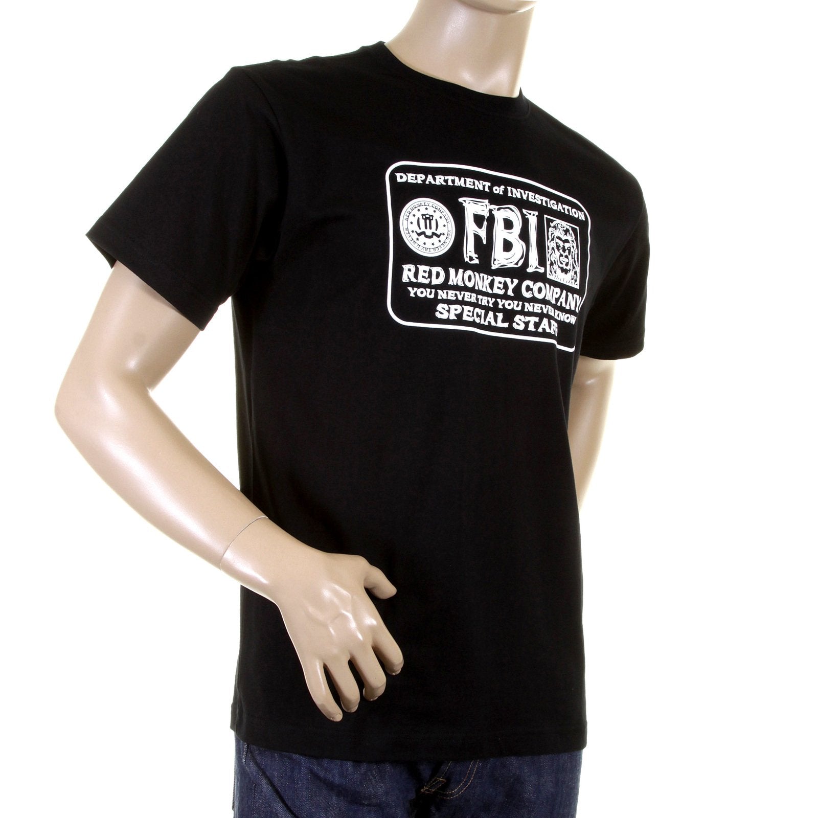 RMC JEANS BLACK RIBBED CREWNECK REGULAR FIT RQT11067 SHORT SLEEVE FBI PRINTED COTTON T-SHIRT REDM0993