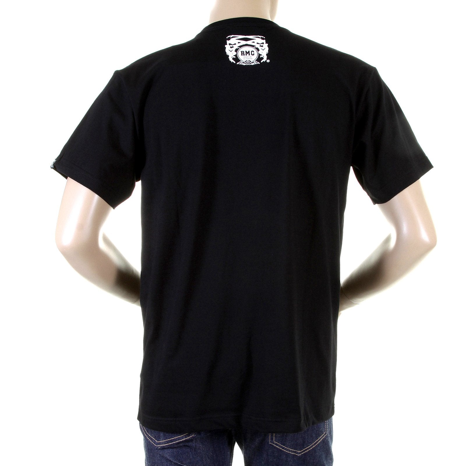 RMC JEANS BLACK RIBBED CREWNECK REGULAR FIT RQT11067 SHORT SLEEVE FBI PRINTED COTTON T-SHIRT REDM0993