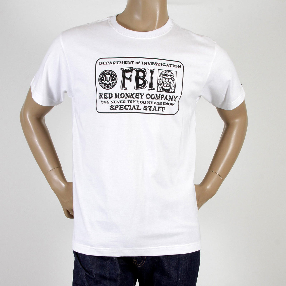 RMC JEANS WHITE COTTON RQT11067 FBI PRINTED REGULAR FIT CREW NECK T SHIRT REDM0994