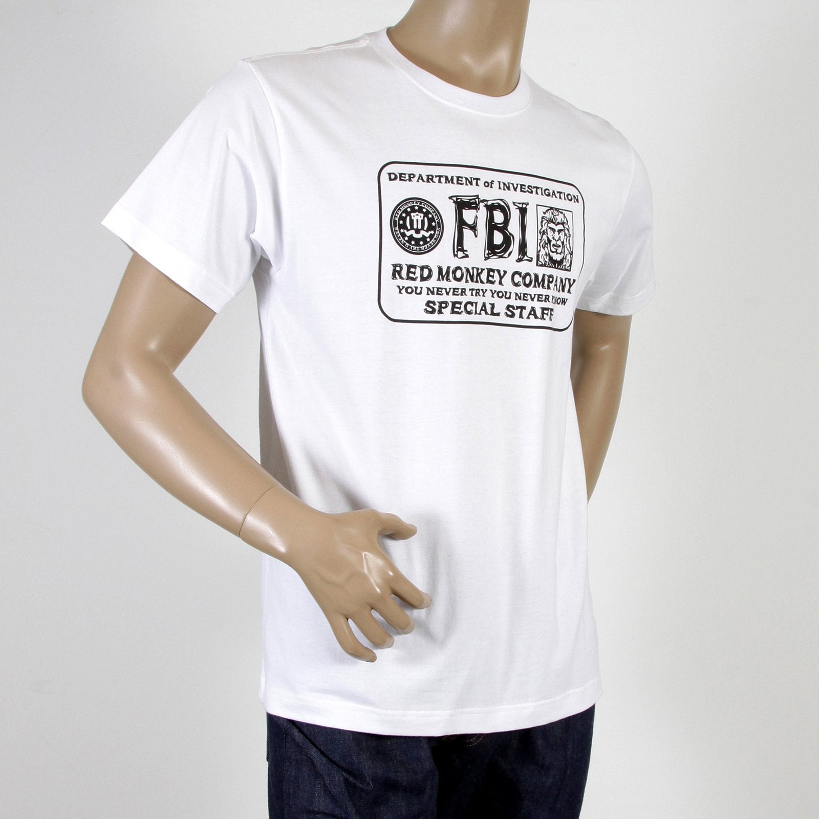 RMC JEANS WHITE COTTON RQT11067 FBI PRINTED REGULAR FIT CREW NECK T SHIRT REDM0994