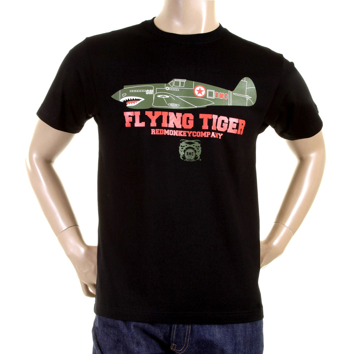 RMC JEANS CREW NECK RQT1076 REGULAR FIT SHORT SLEEVED BLACK T SHIRT WITH TIGER PLANE PRINT REDM0968