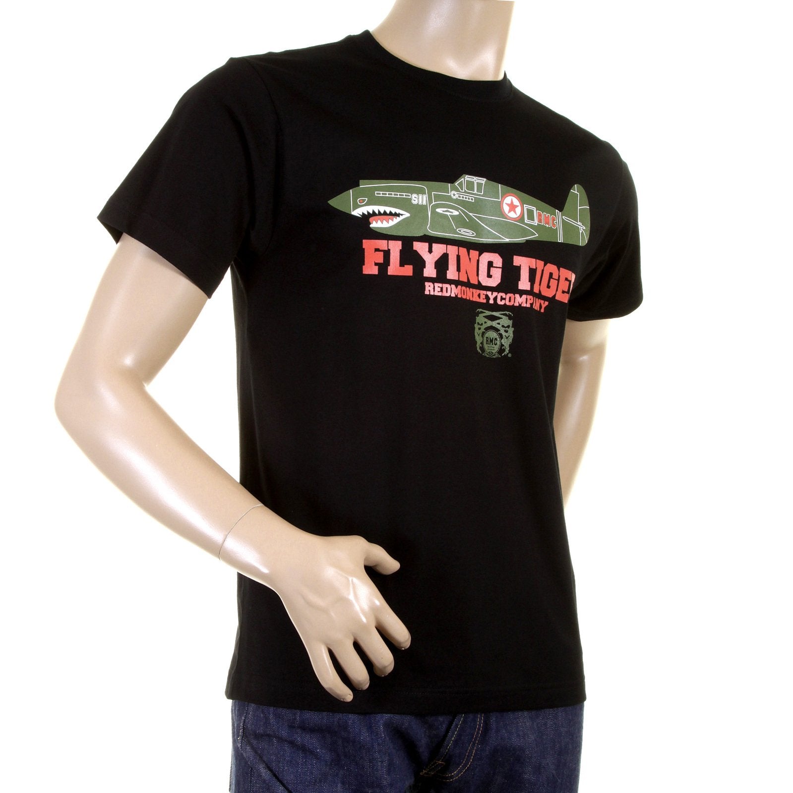 RMC JEANS CREW NECK RQT1076 REGULAR FIT SHORT SLEEVED BLACK T SHIRT WITH TIGER PLANE PRINT REDM0968
