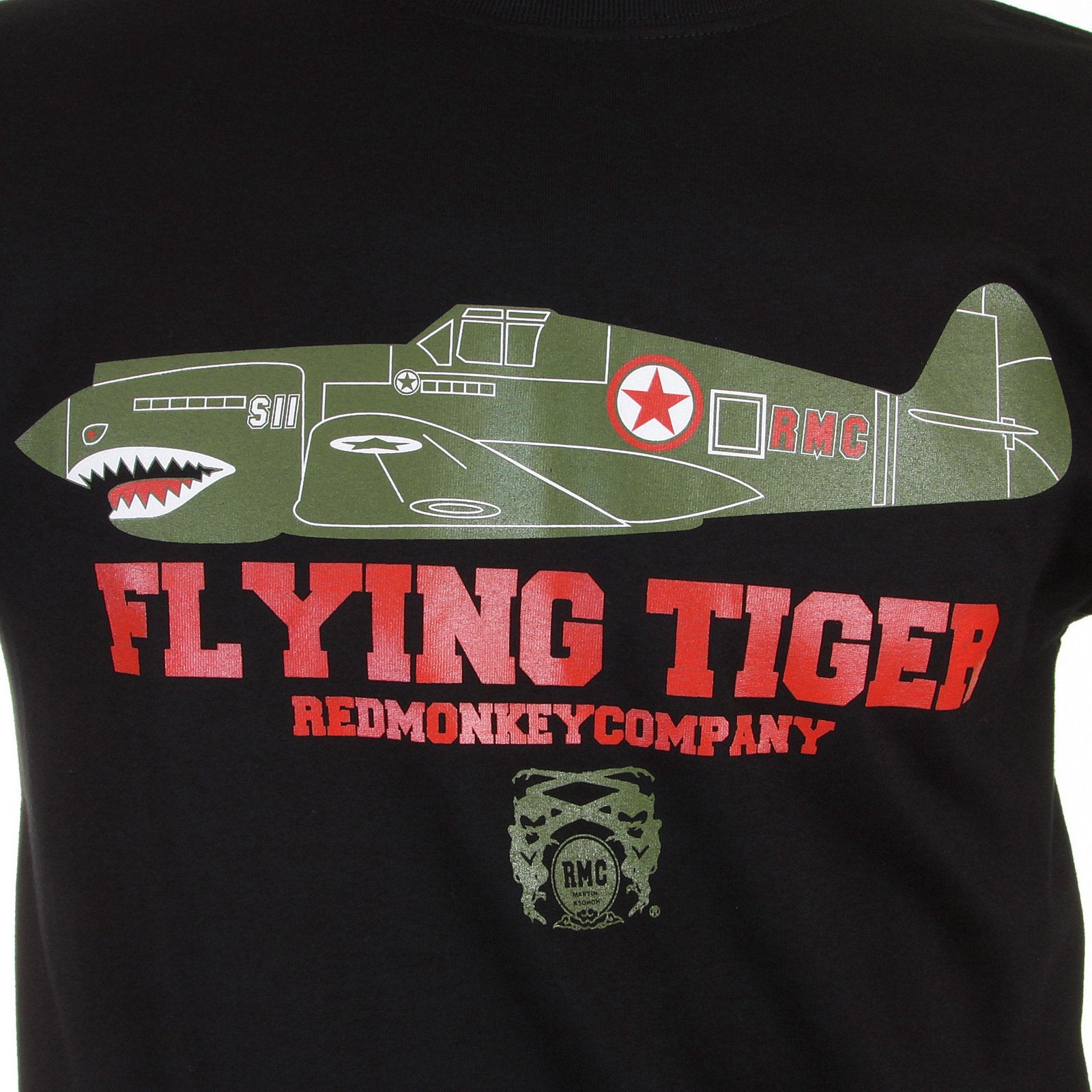 RMC JEANS CREW NECK RQT1076 REGULAR FIT SHORT SLEEVED BLACK T SHIRT WITH TIGER PLANE PRINT REDM0968
