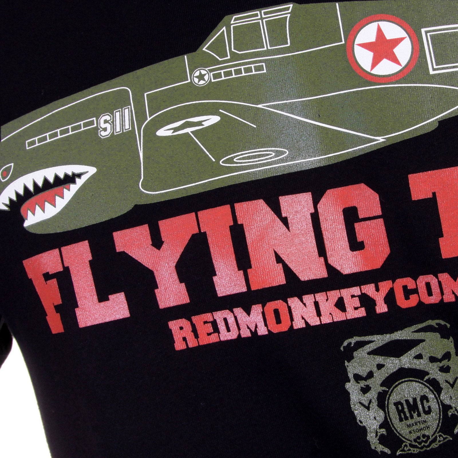 RMC JEANS CREW NECK RQT1076 REGULAR FIT SHORT SLEEVED BLACK T SHIRT WITH TIGER PLANE PRINT REDM0968