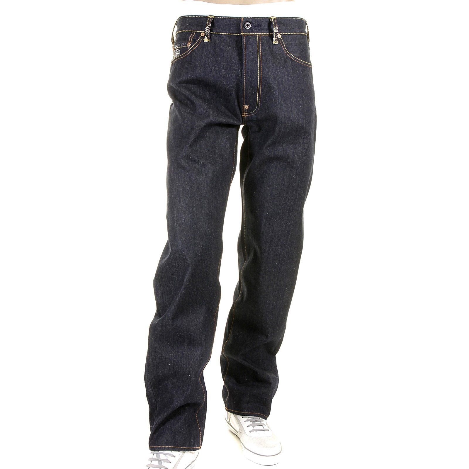 RMC JEANS WHITE PAINTED LOGO SUPER EXCLUSIVE DARK INDIGO 1001 MODEL SLIM FIT RAW DENIM JEANS FOR MEN REDM0444